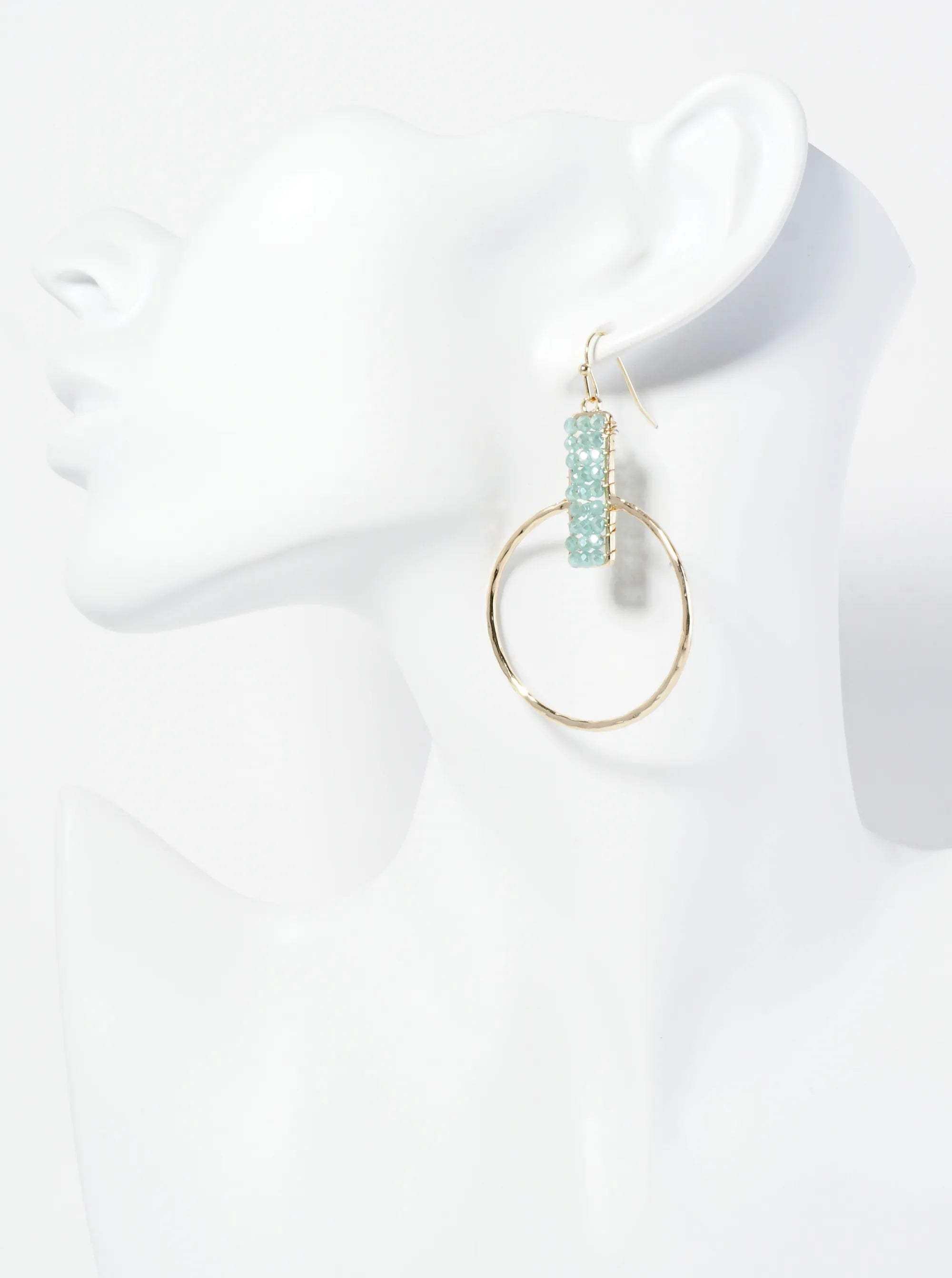 Glass Beads Wire Wrapped Hammered Circle Drop Earrings