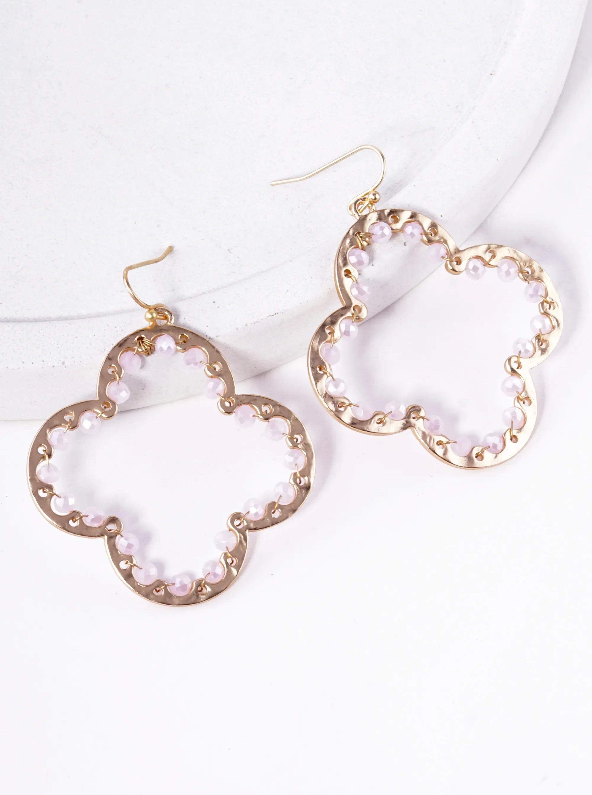 Glass Beads Wire Wrapped Hammered Quatrefoil Dangle Earrings