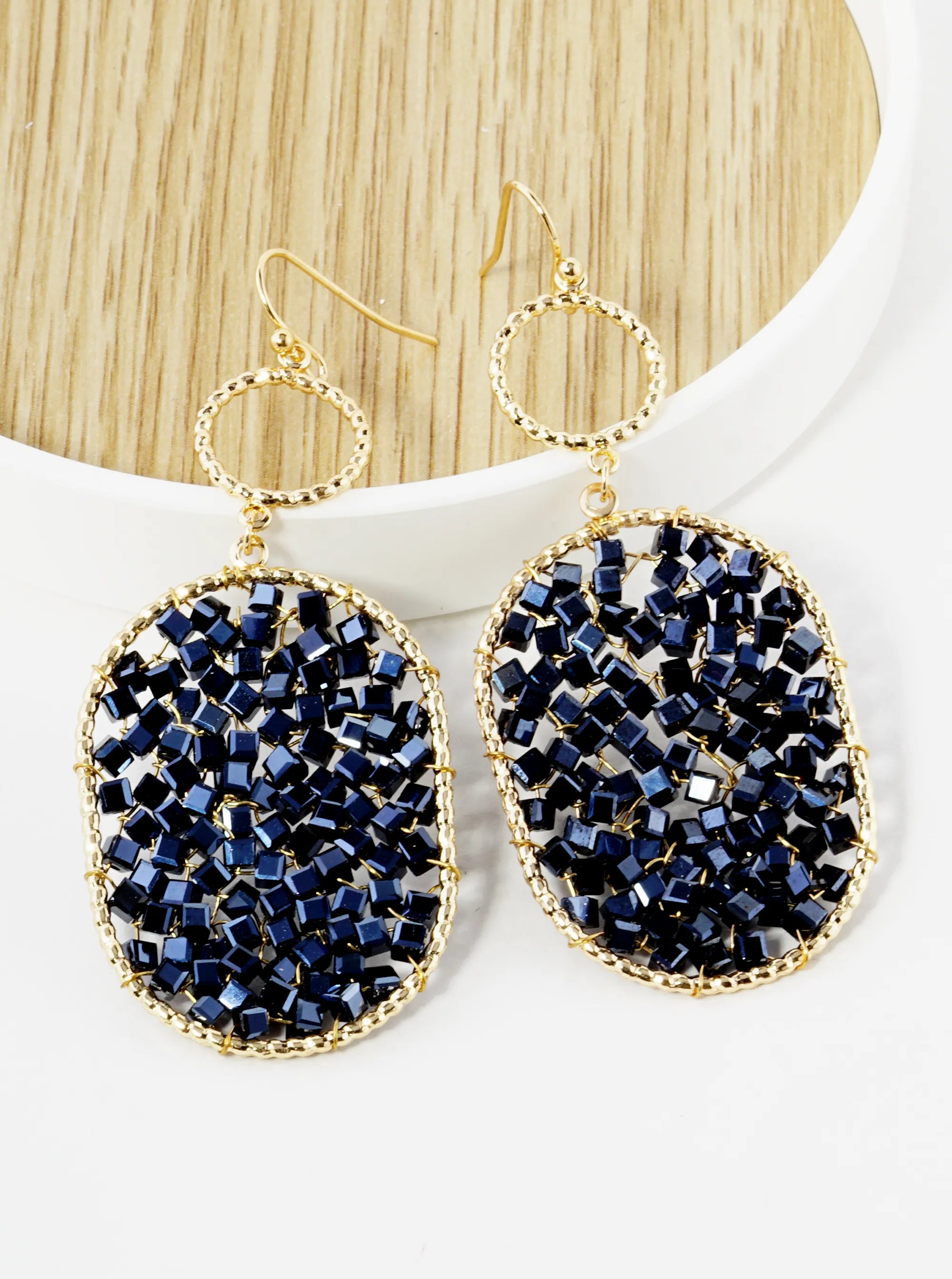 Glass Beads Wire Wrapped Oval Drop Earrings