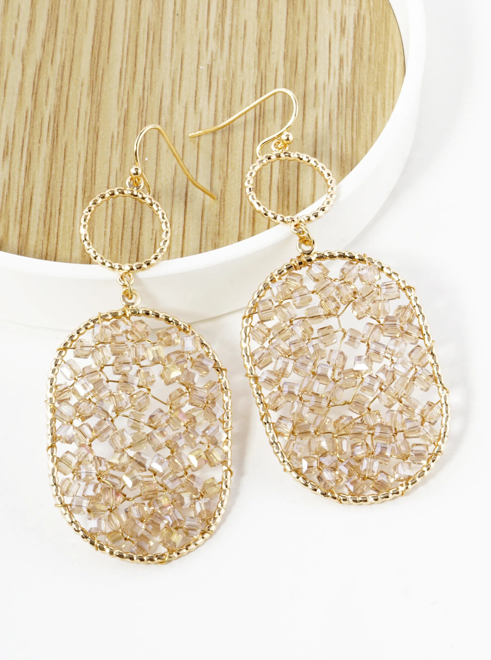 Glass Beads Wire Wrapped Oval Drop Earrings