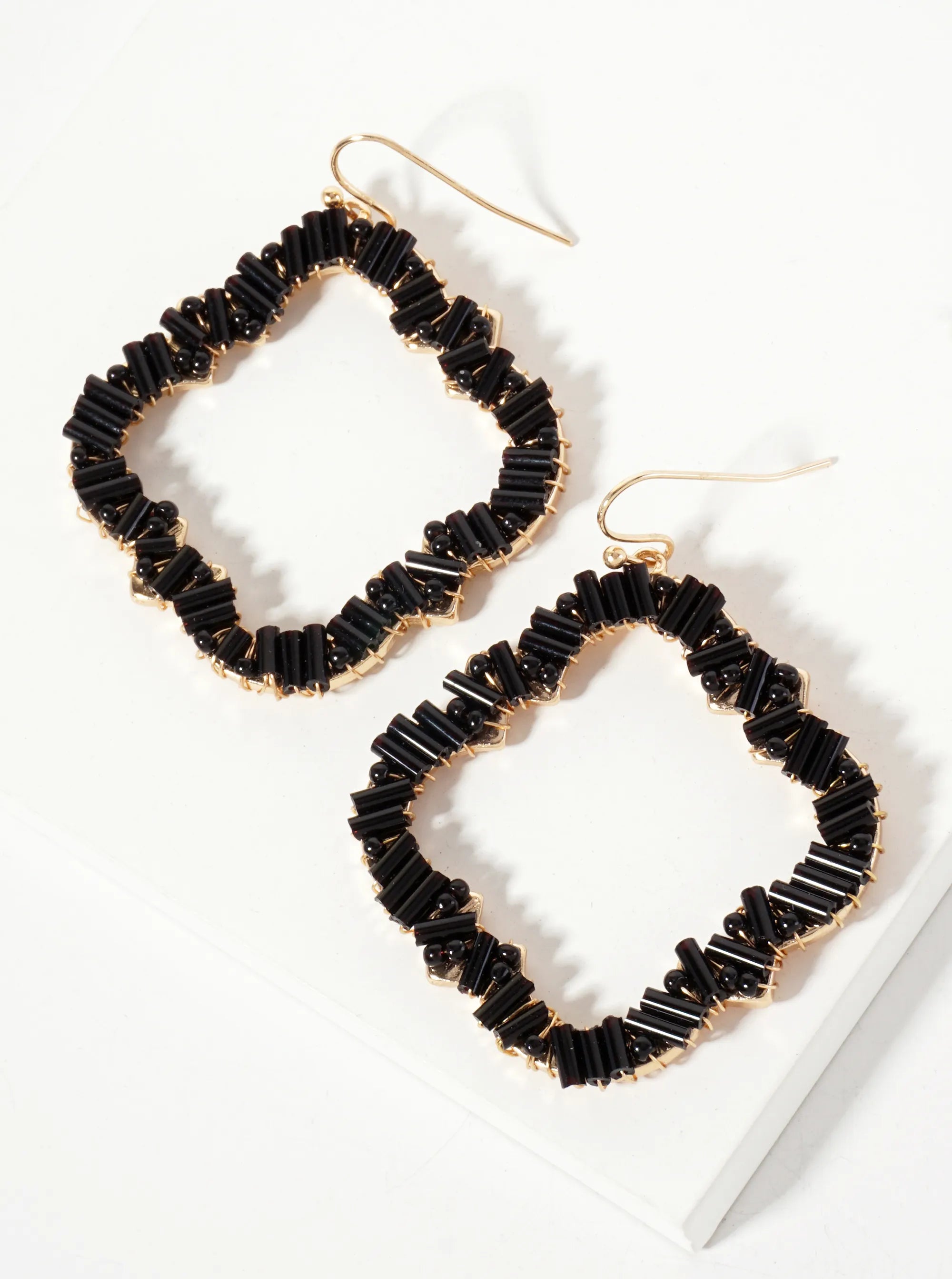 Glass-Beads Wire-Wrapped Quatrefoil Dangle Drop Earrings