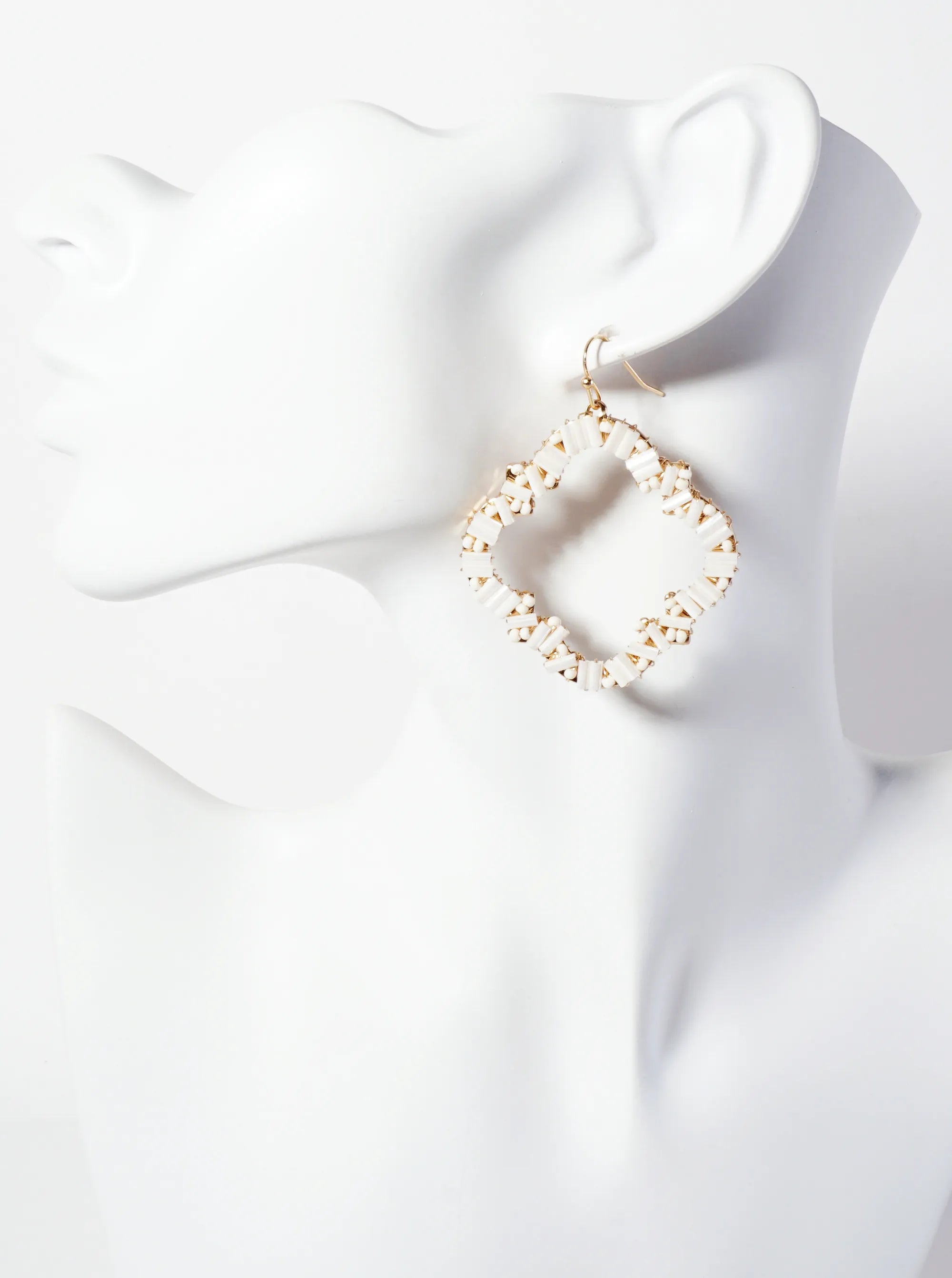 Glass-Beads Wire-Wrapped Quatrefoil Dangle Drop Earrings