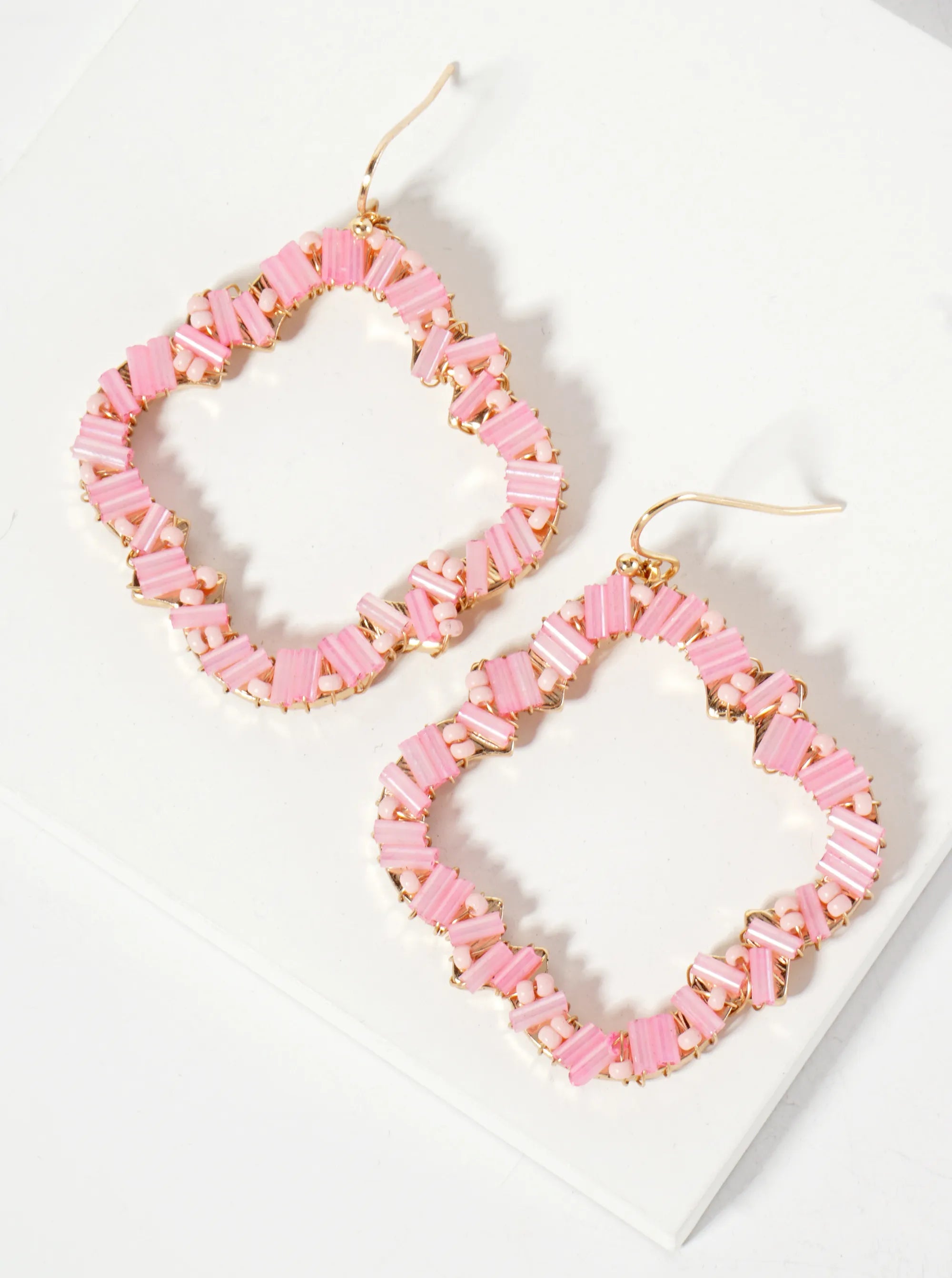Glass-Beads Wire-Wrapped Quatrefoil Dangle Drop Earrings