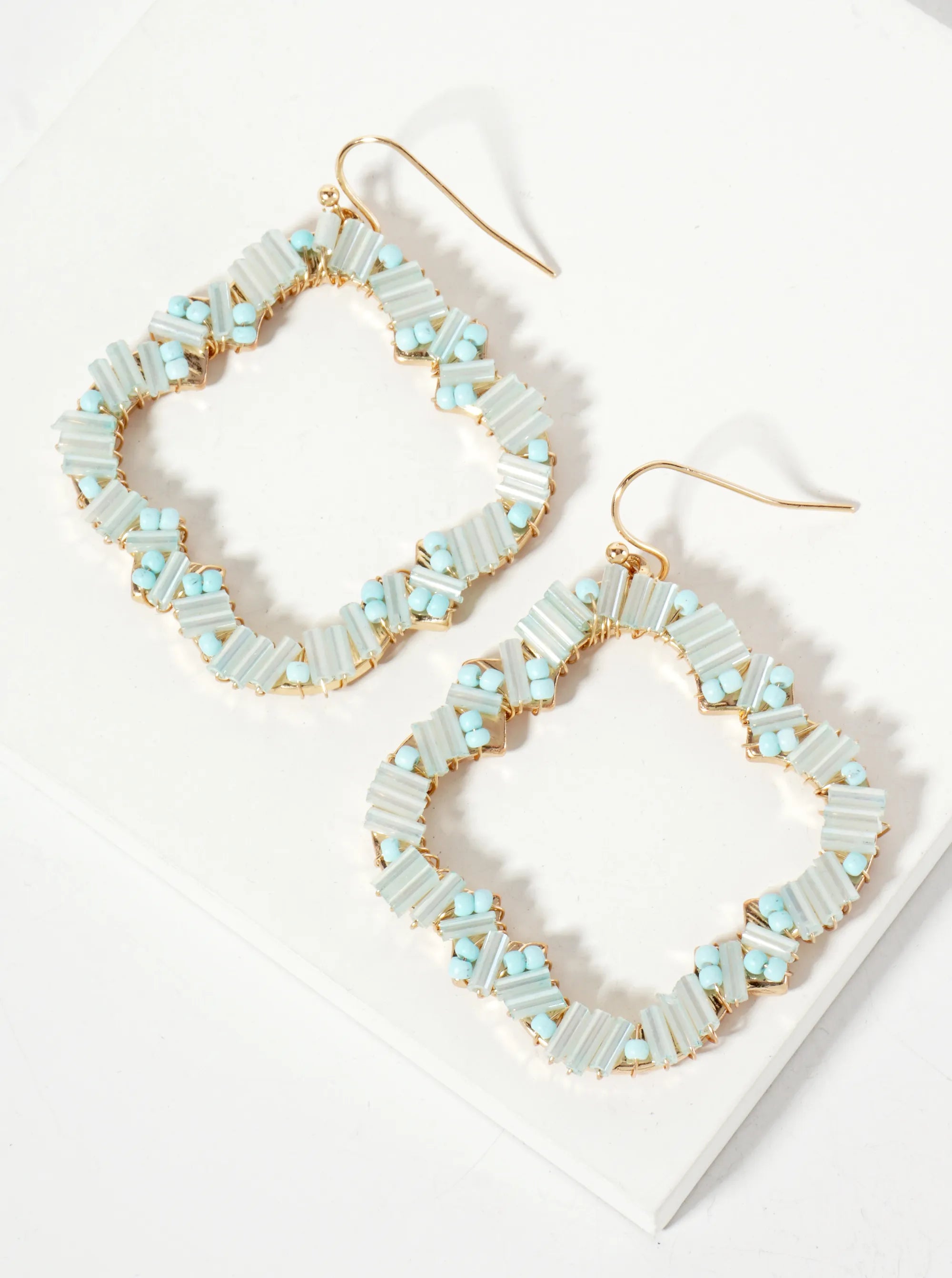 Glass-Beads Wire-Wrapped Quatrefoil Dangle Drop Earrings