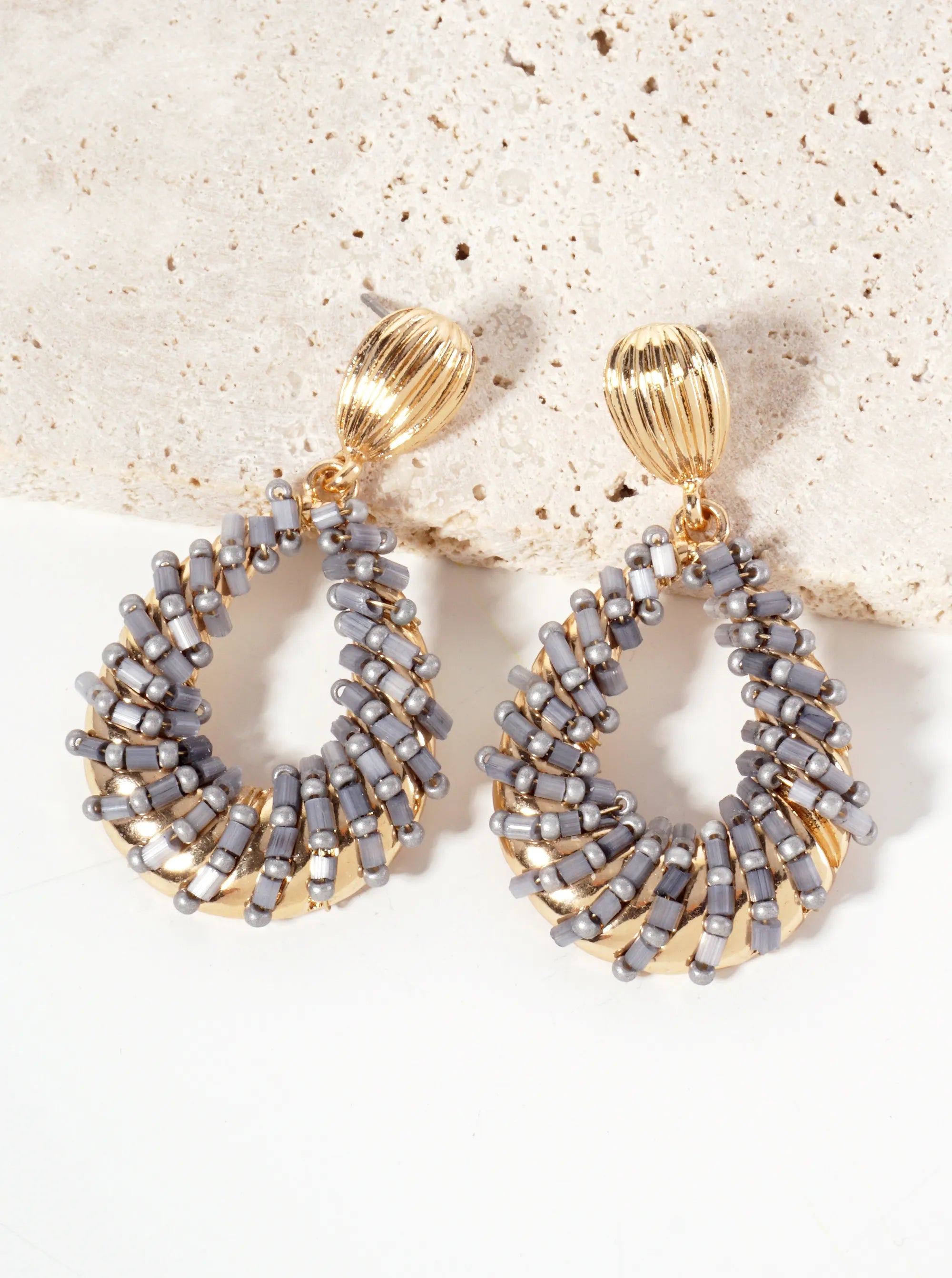 Glass-Beads Wire-Wrapped Teardrop Dangle Post Earrings