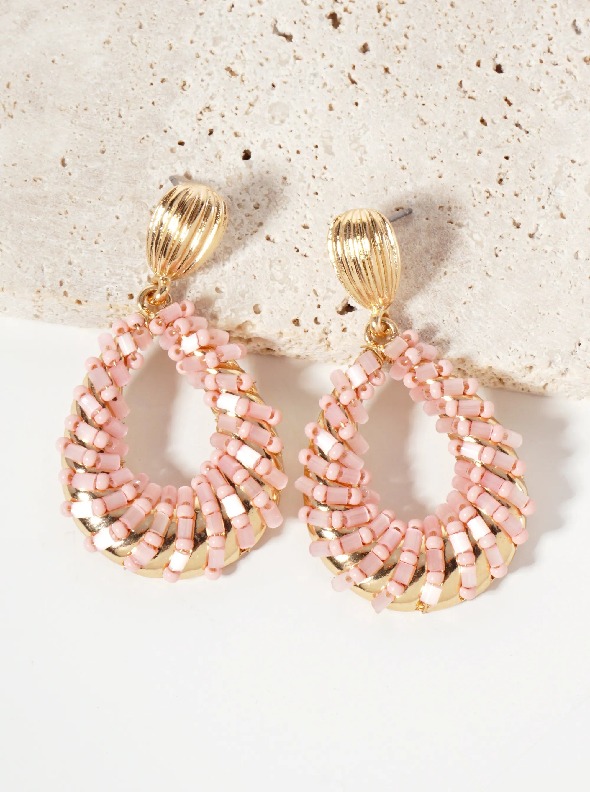 Glass-Beads Wire-Wrapped Teardrop Dangle Post Earrings