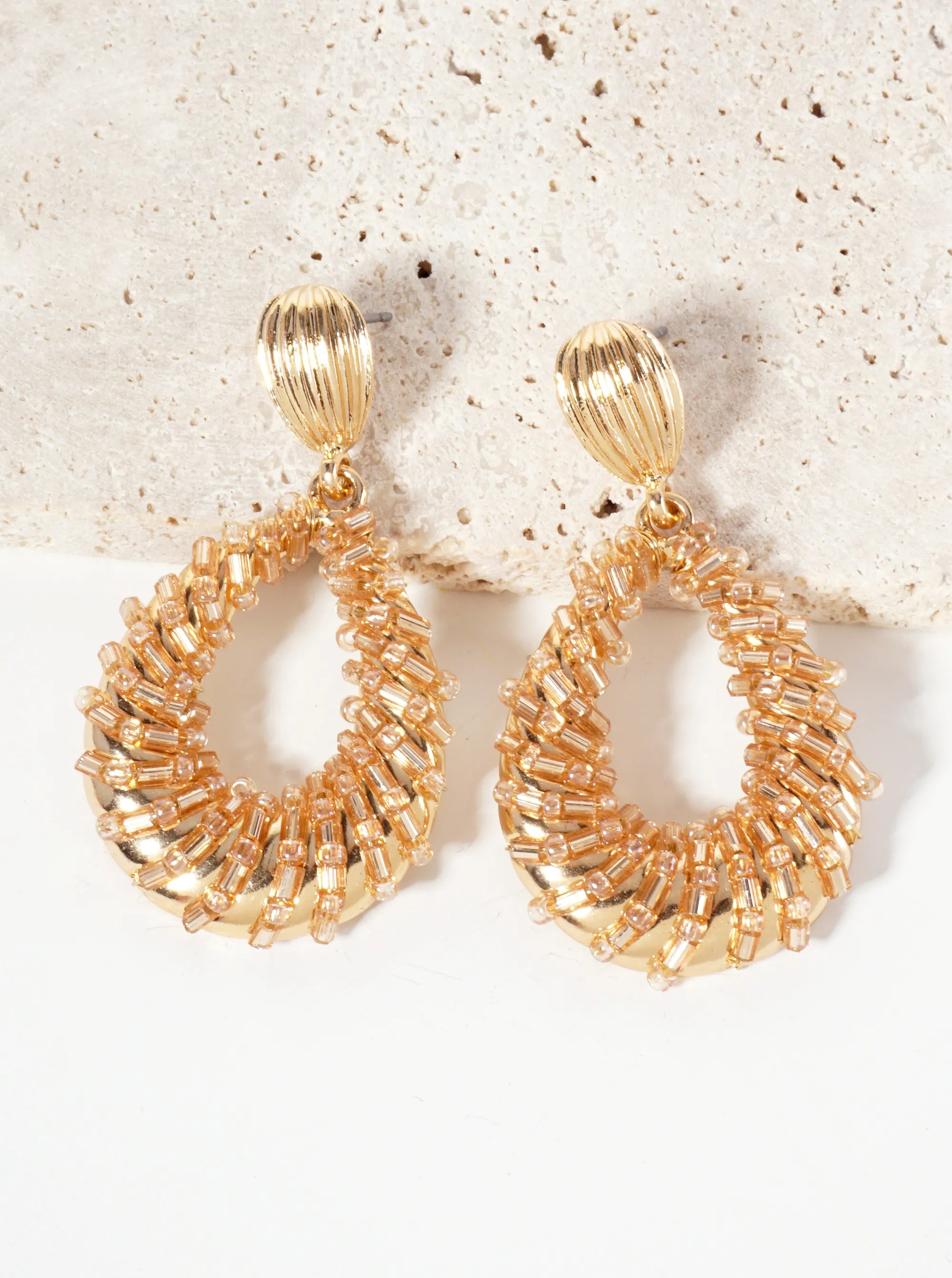 Glass-Beads Wire-Wrapped Teardrop Dangle Post Earrings