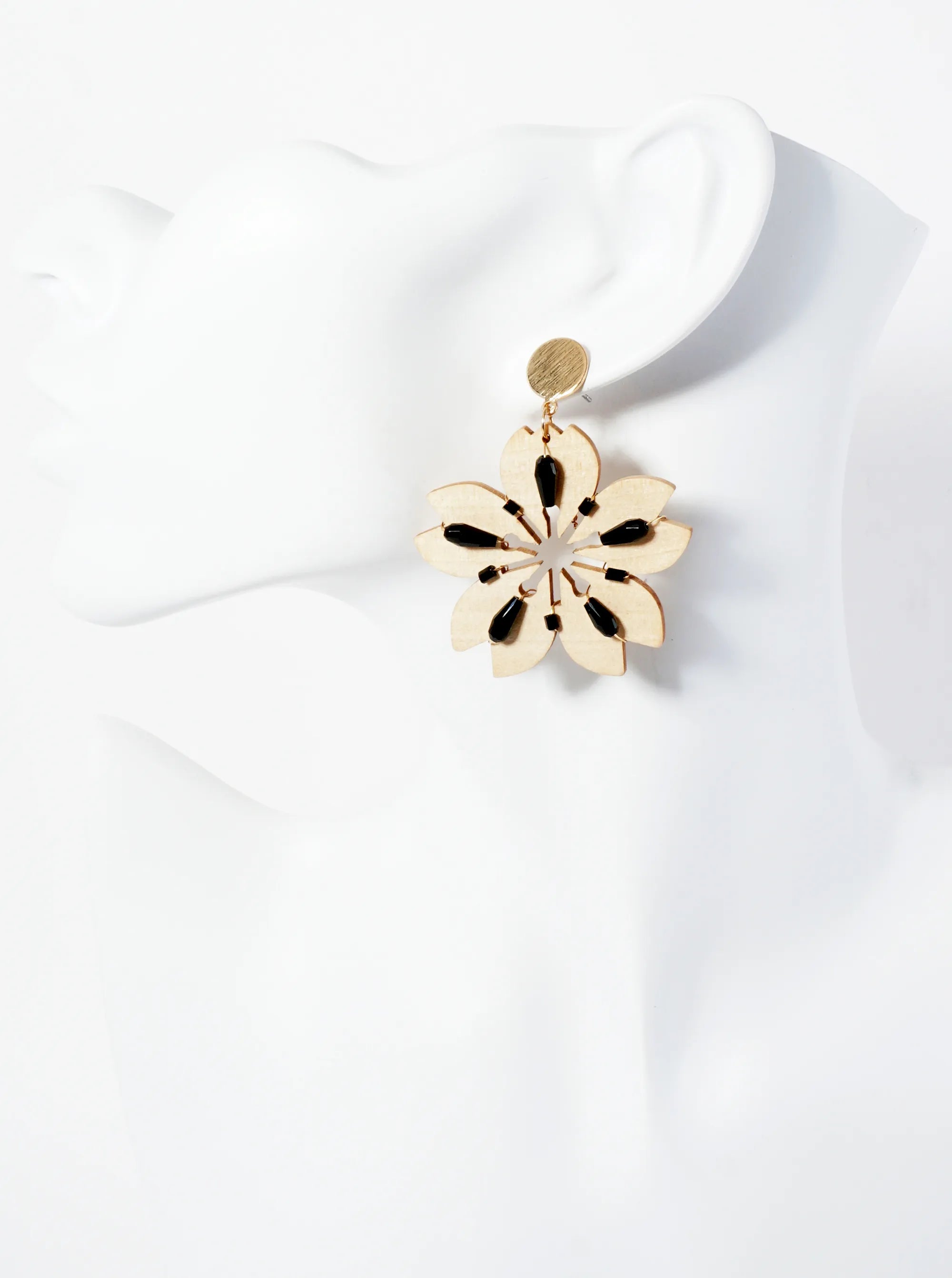Glass Beads Wired Laser Cut Wooden Cherry Blossom Flower Dangle Drop Earrings