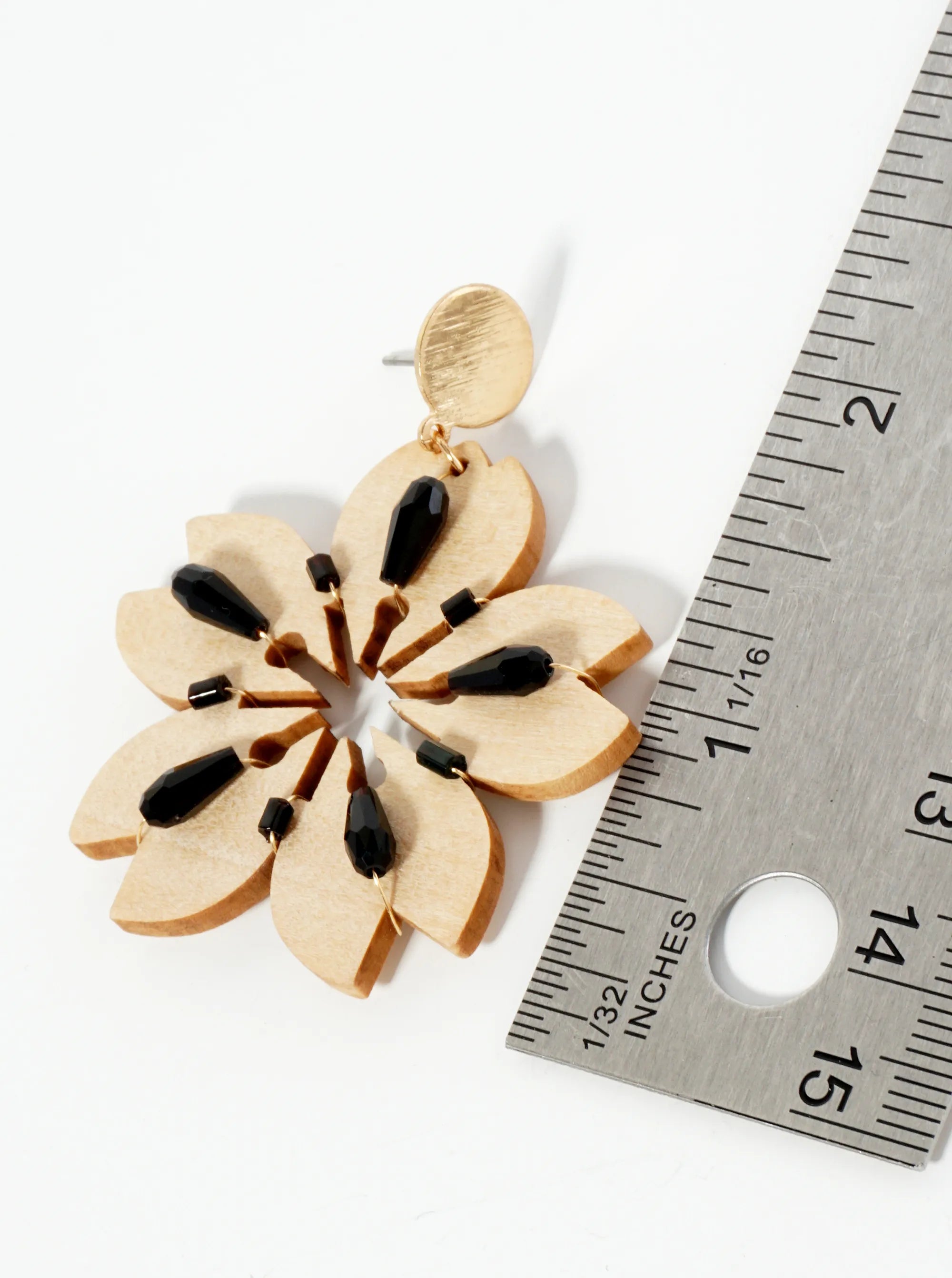 Glass Beads Wired Laser Cut Wooden Cherry Blossom Flower Dangle Drop Earrings