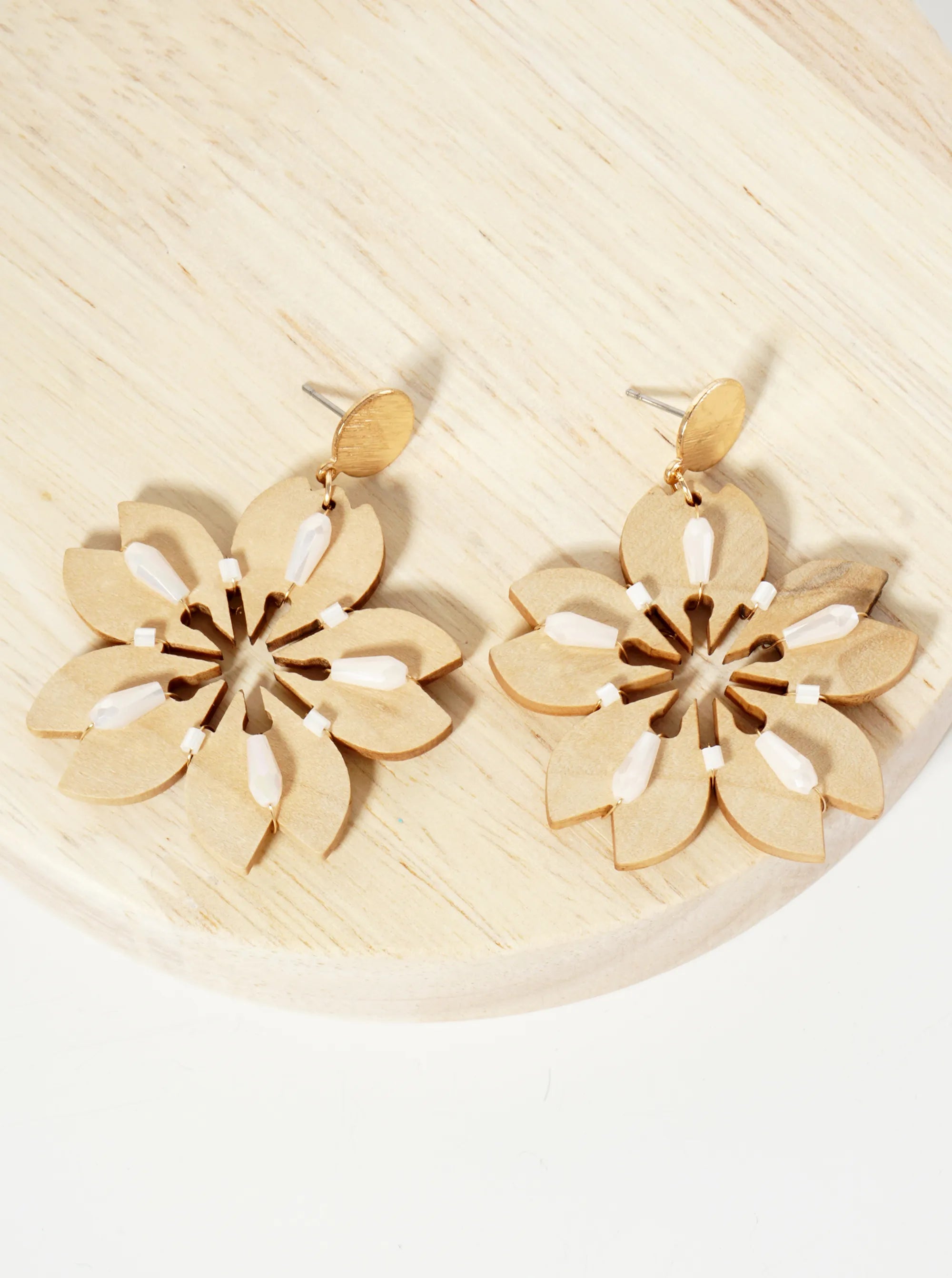 Glass Beads Wired Laser Cut Wooden Cherry Blossom Flower Dangle Drop Earrings
