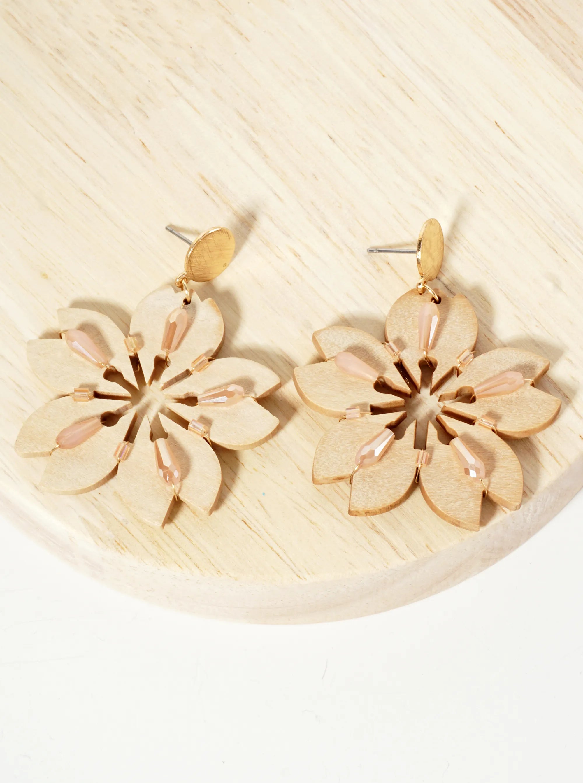 Glass Beads Wired Laser Cut Wooden Cherry Blossom Flower Dangle Drop Earrings