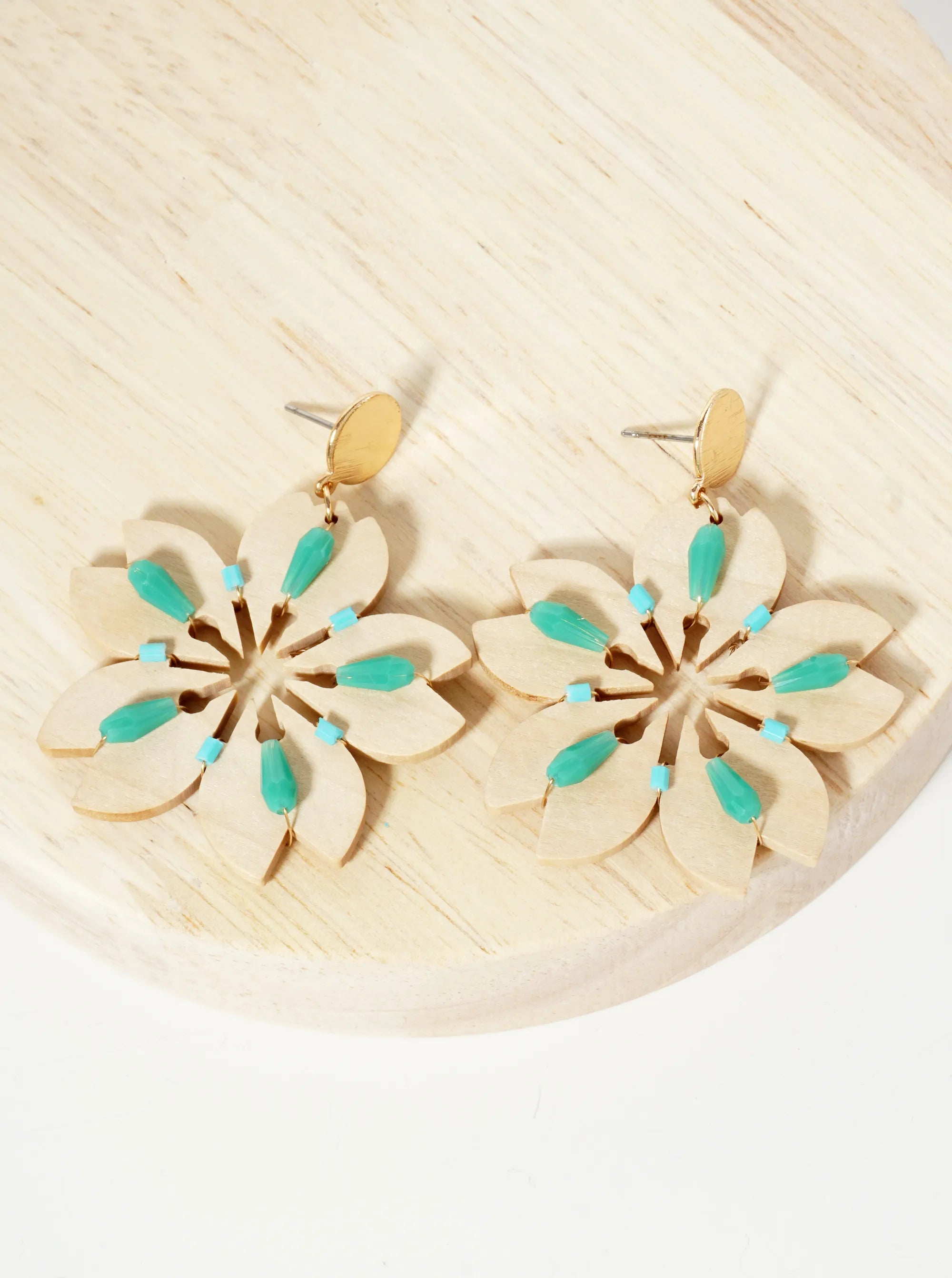 Glass Beads Wired Laser Cut Wooden Cherry Blossom Flower Dangle Drop Earrings