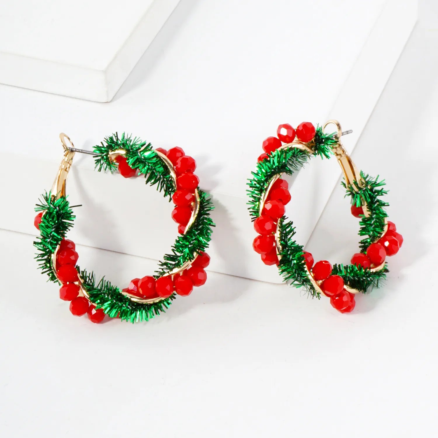 Glass Beads Wrapped 35mm Omega-Back Christmas Hoop Earrings