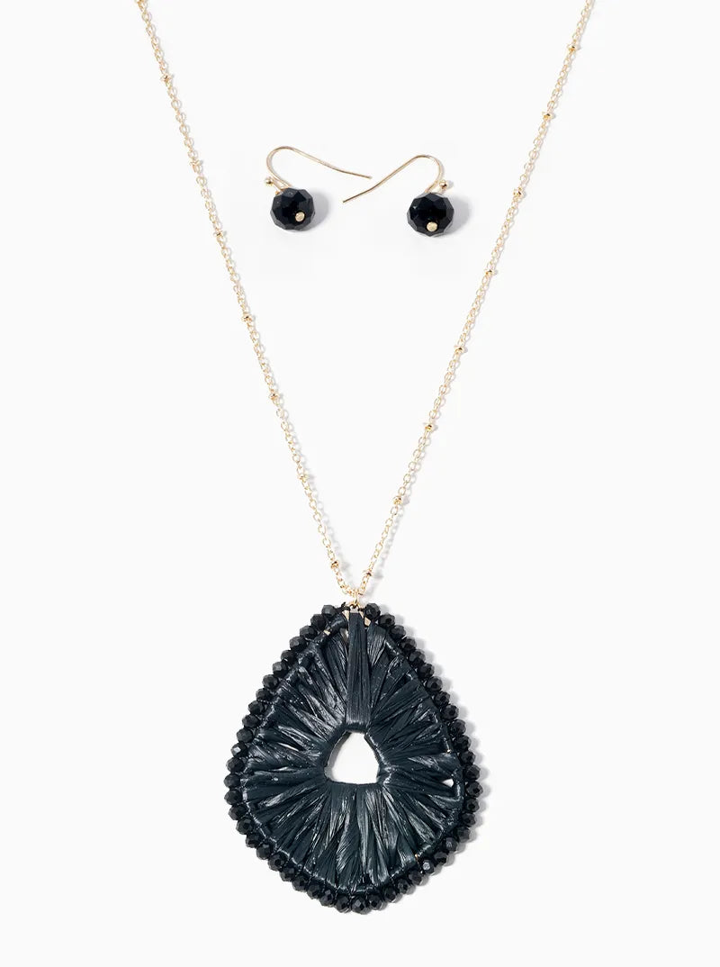 Glass Bead And Raffia Wrapped Pendant Long Necklace Set With Earrings