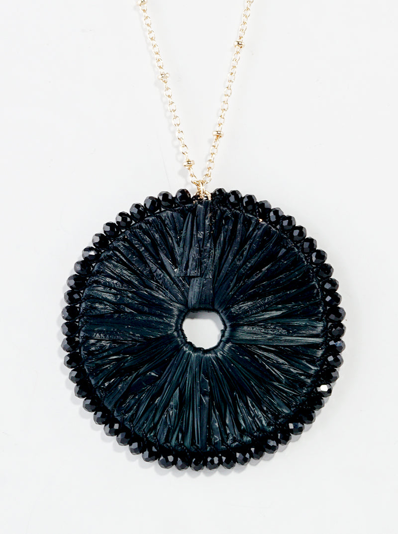 Glass Bead Wrapped Round Raffia Pendant Long Necklace