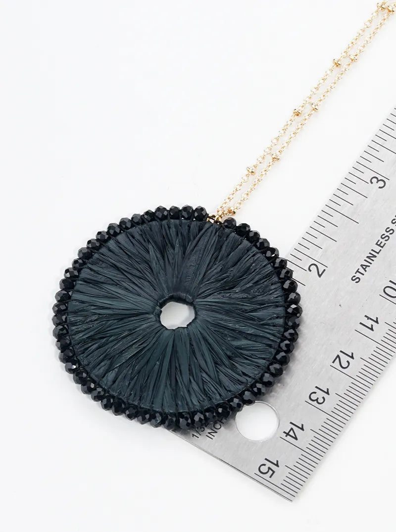 Glass Bead Wrapped Round Raffia Pendant Long Necklace