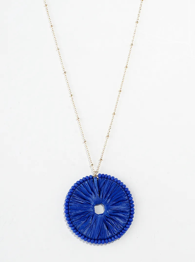 Glass Bead Wrapped Round Raffia Pendant Long Necklace