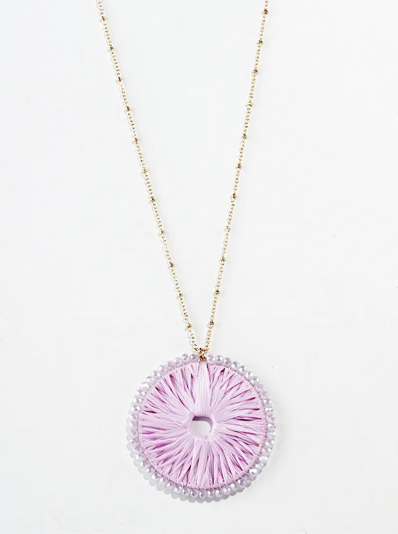 Glass Bead Wrapped Round Raffia Pendant Long Necklace