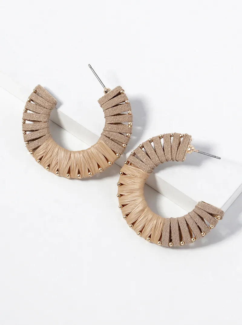 Half Suede Half Raffia Wrapped 35mm Open Hoop Earrings