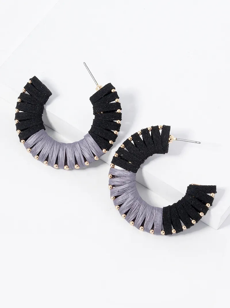 Half Suede Half Raffia Wrapped 35mm Open Hoop Earrings