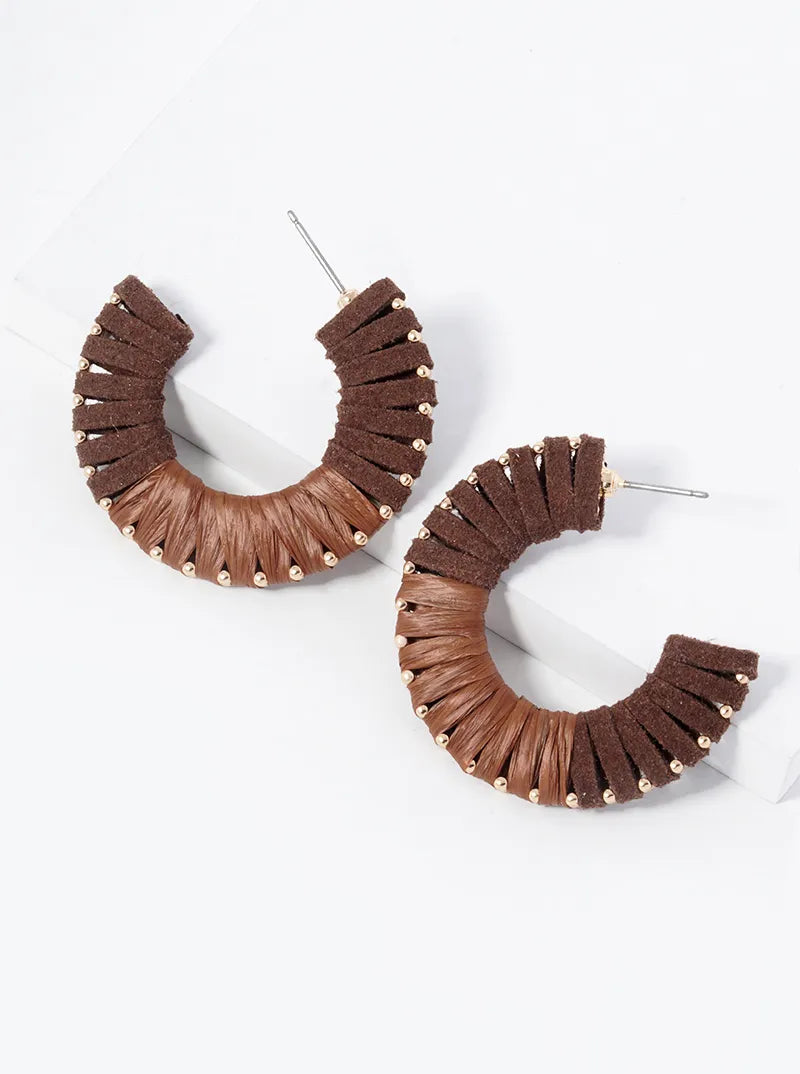 Half Suede Half Raffia Wrapped 35mm Open Hoop Earrings