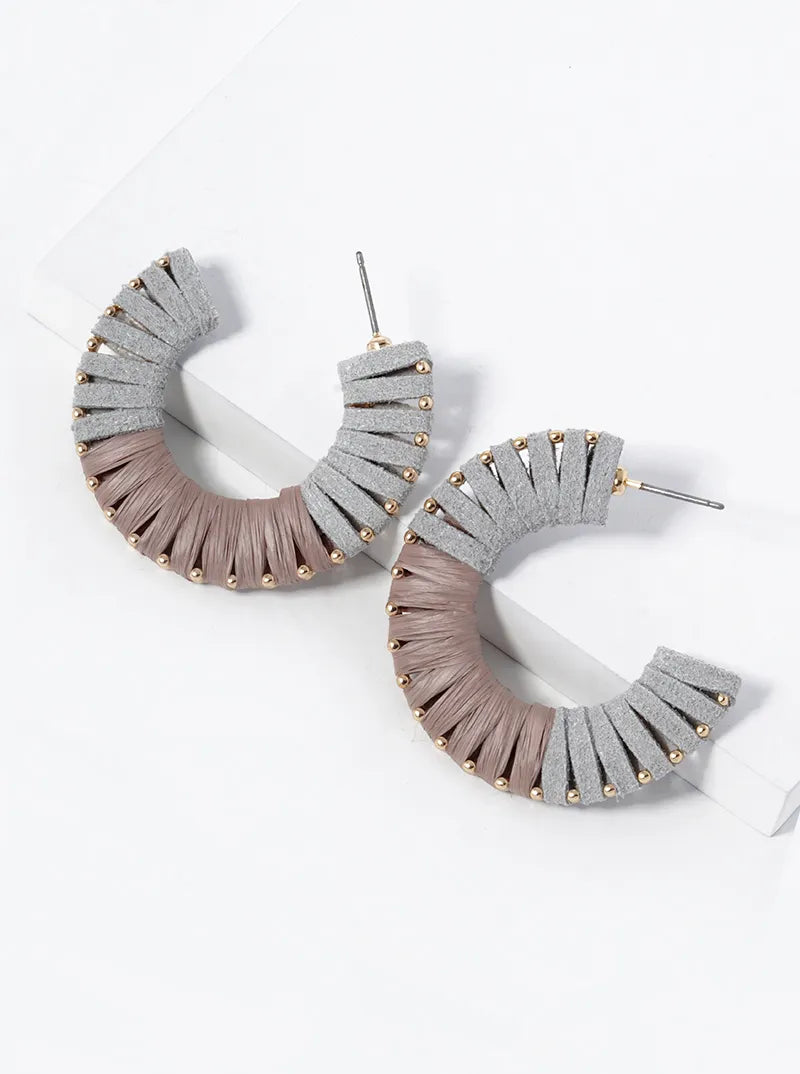 Half Suede Half Raffia Wrapped 35mm Open Hoop Earrings