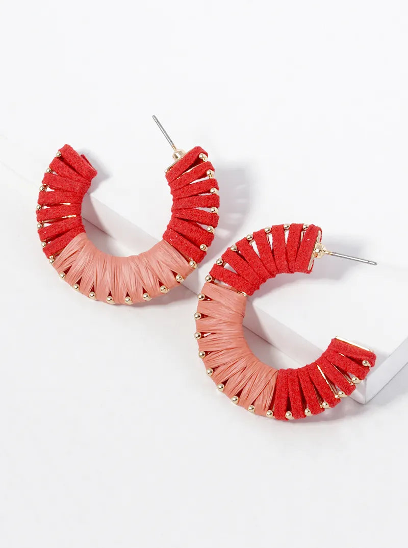 Half Suede Half Raffia Wrapped 35mm Open Hoop Earrings