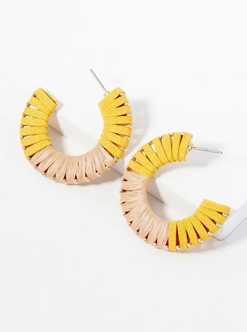 Half Suede Half Raffia Wrapped 35mm Open Hoop Earrings