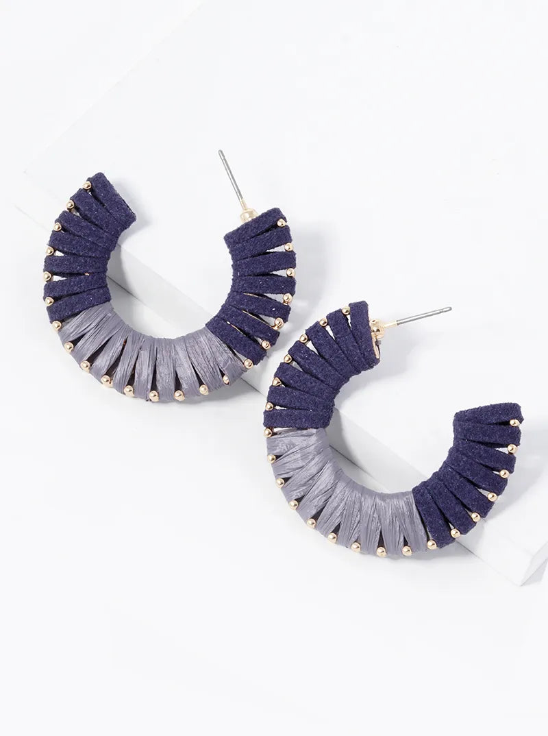 Half Suede Half Raffia Wrapped 35mm Open Hoop Earrings