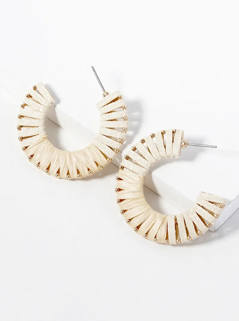 Half Suede Half Raffia Wrapped 35mm Open Hoop Earrings