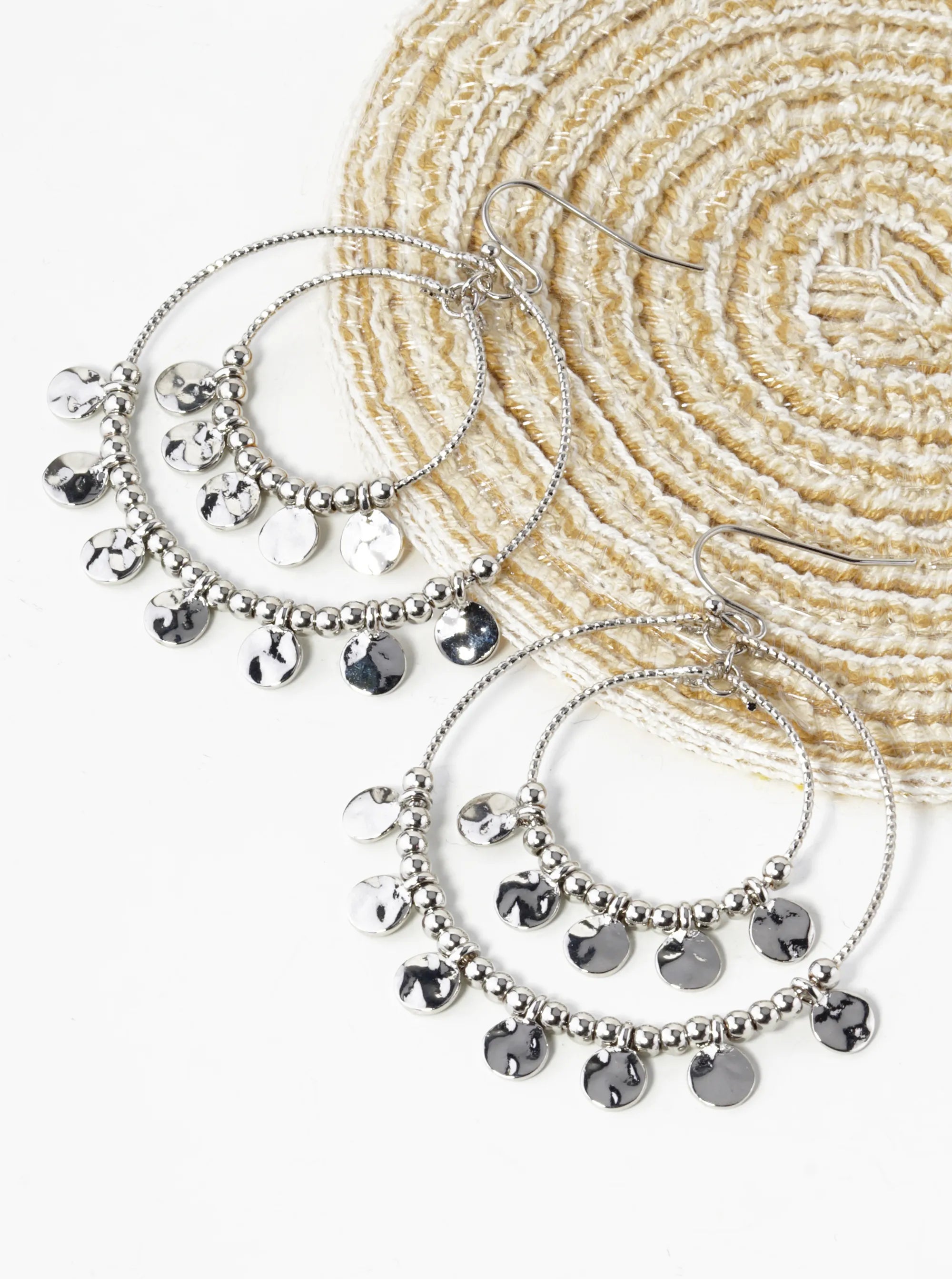 Hammered Disc Drop Double Textured Wire Circle Dangle Drop Earrings