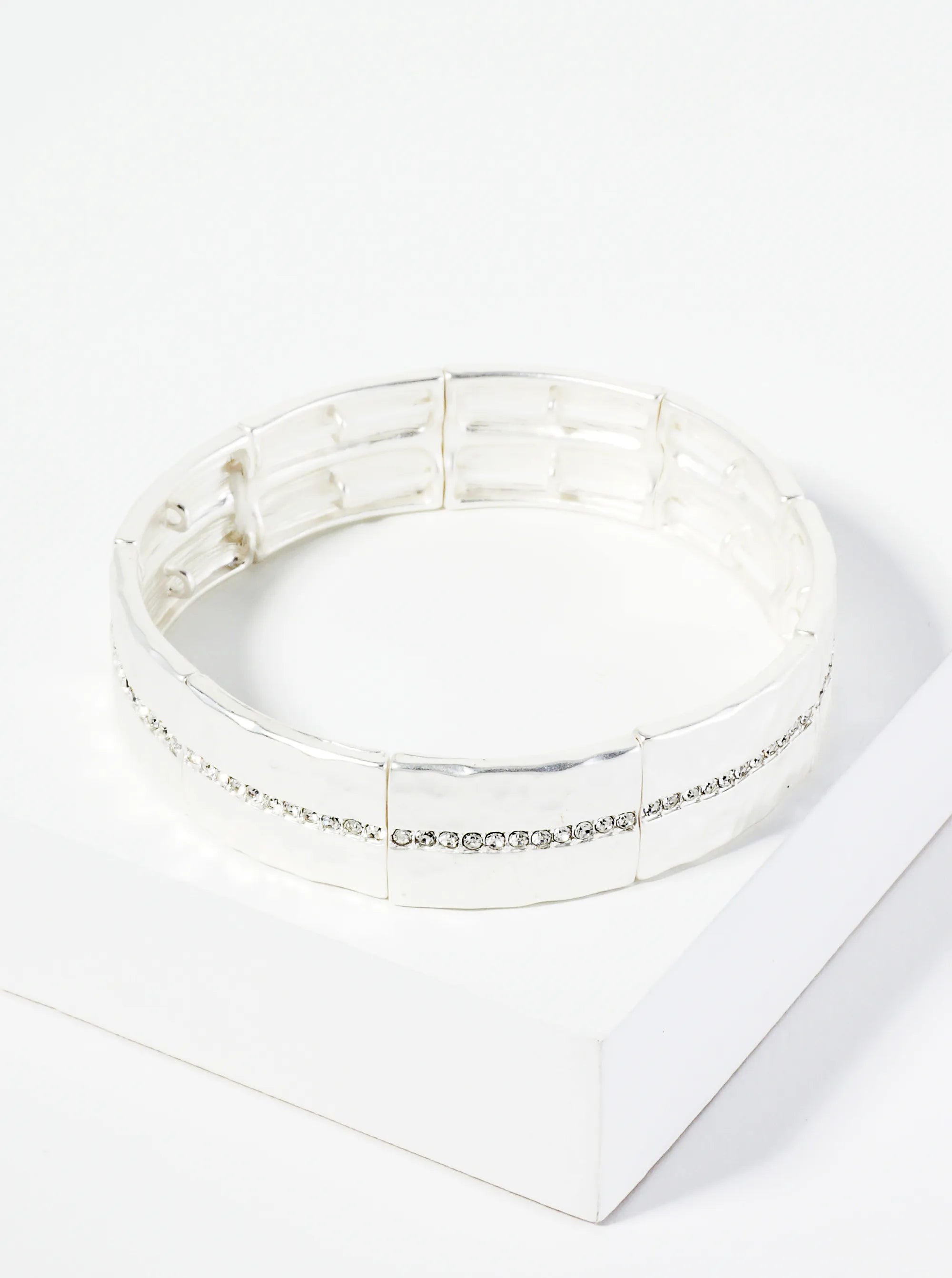 Hammered Metal Crystal Pave Stretch Bracelet