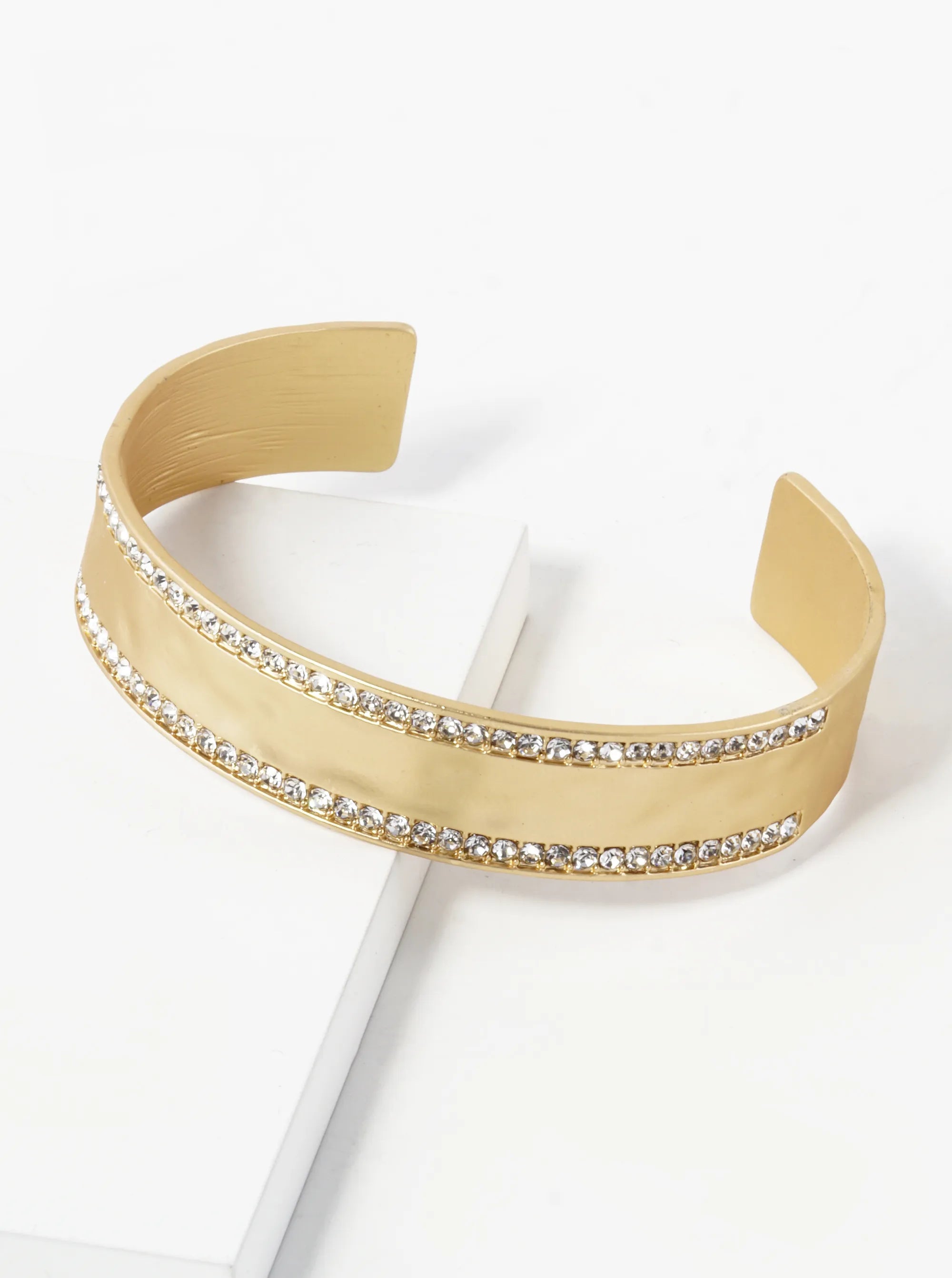 Hammered Metal Double Row Pave Crystal Cuff Bracelet