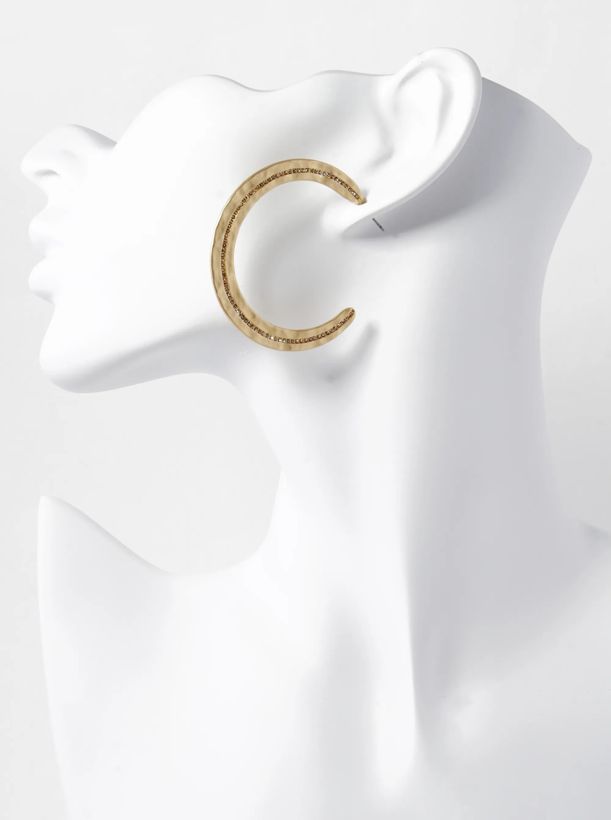 Hammered Metal Pave Crystal 50mm Wide Open Hoop Earrings