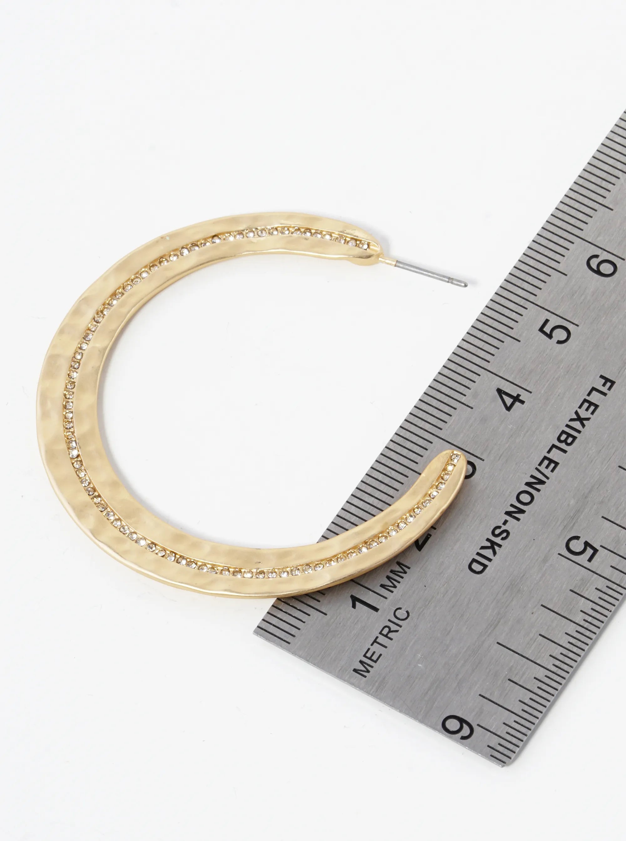 Hammered Metal Pave Crystal 50mm Wide Open Hoop Earrings