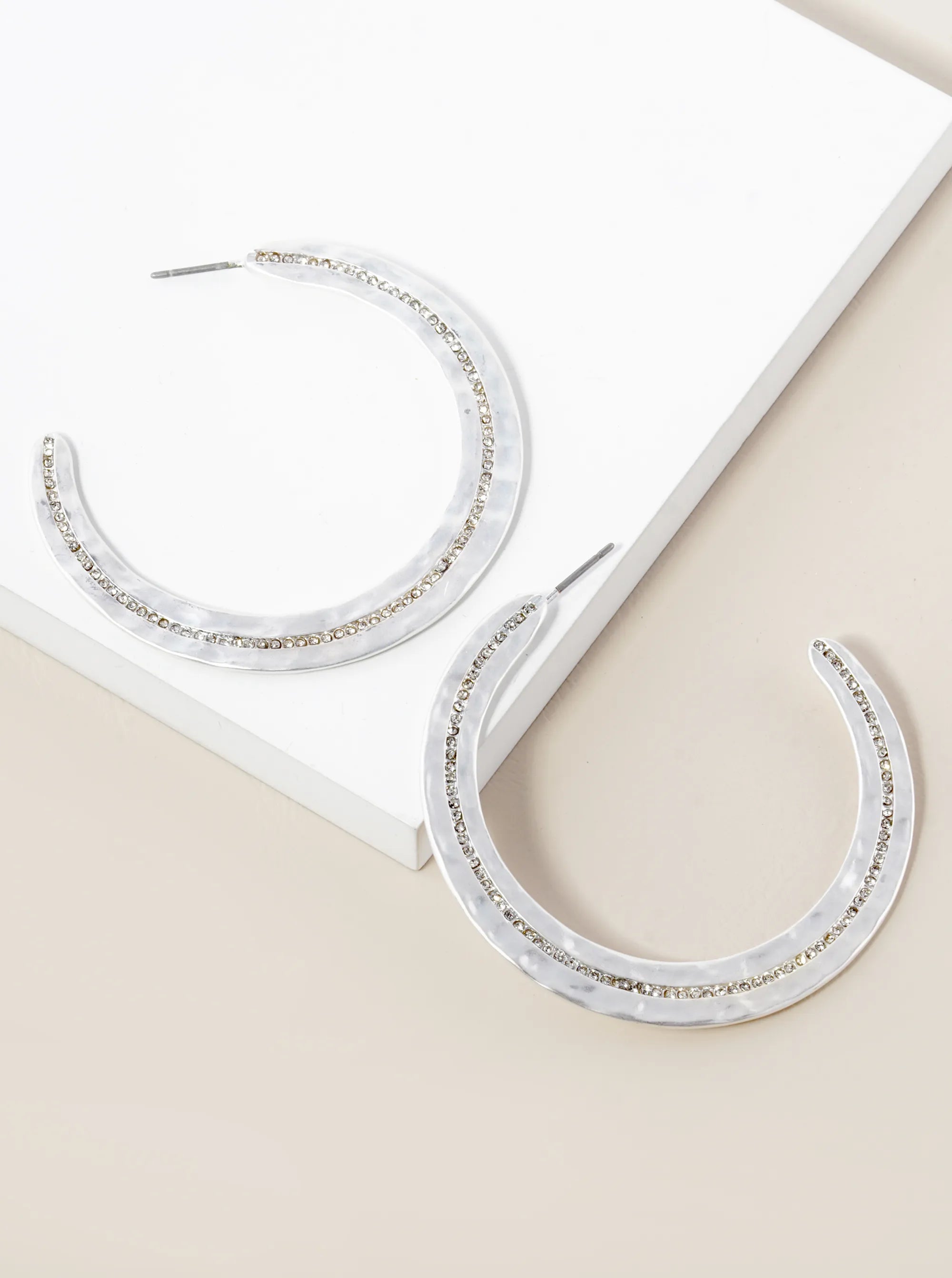 Hammered Metal Pave Crystal 50mm Wide Open Hoop Earrings