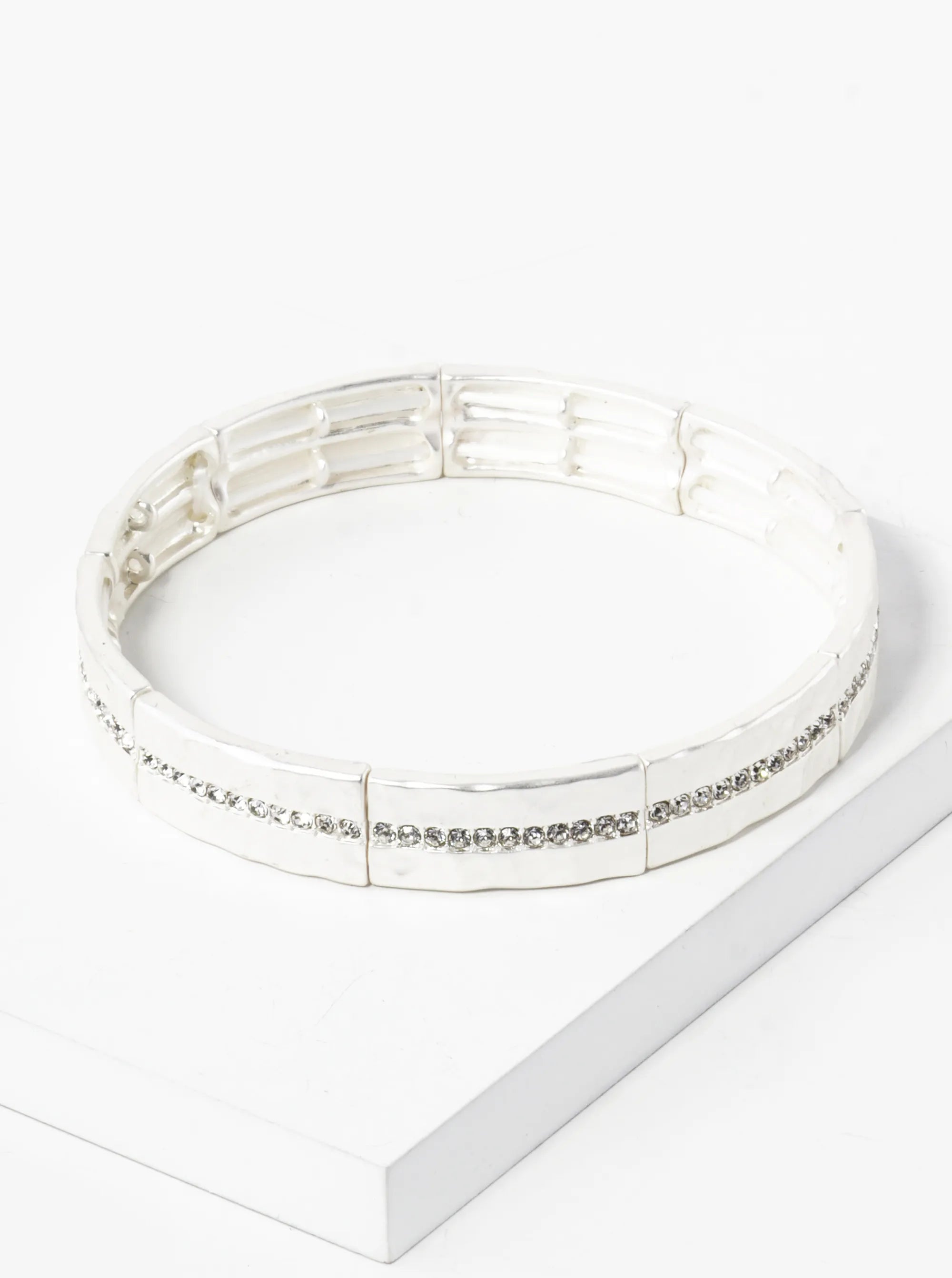 Hammered Metal Pave Crystal Stretch Bangle Bracelet