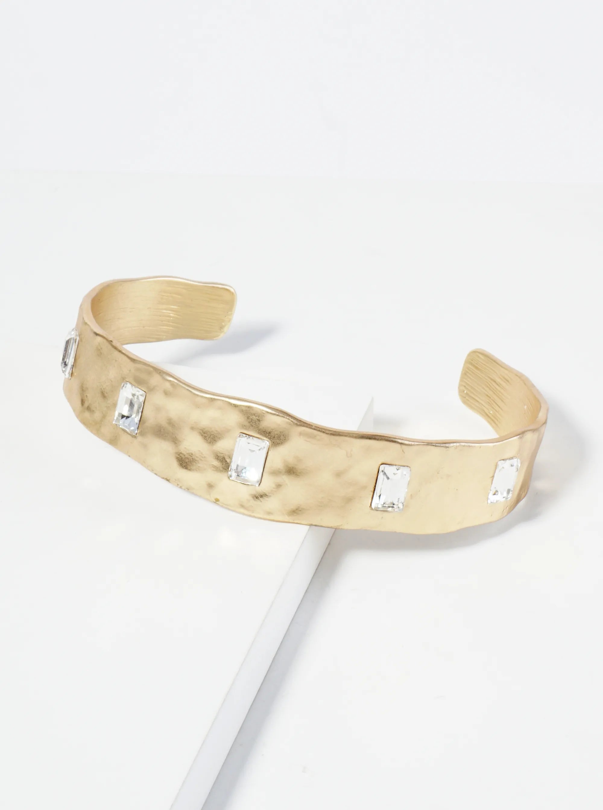 Hammered Metal Rectangle Stone Studded Open Cuff Bracelet