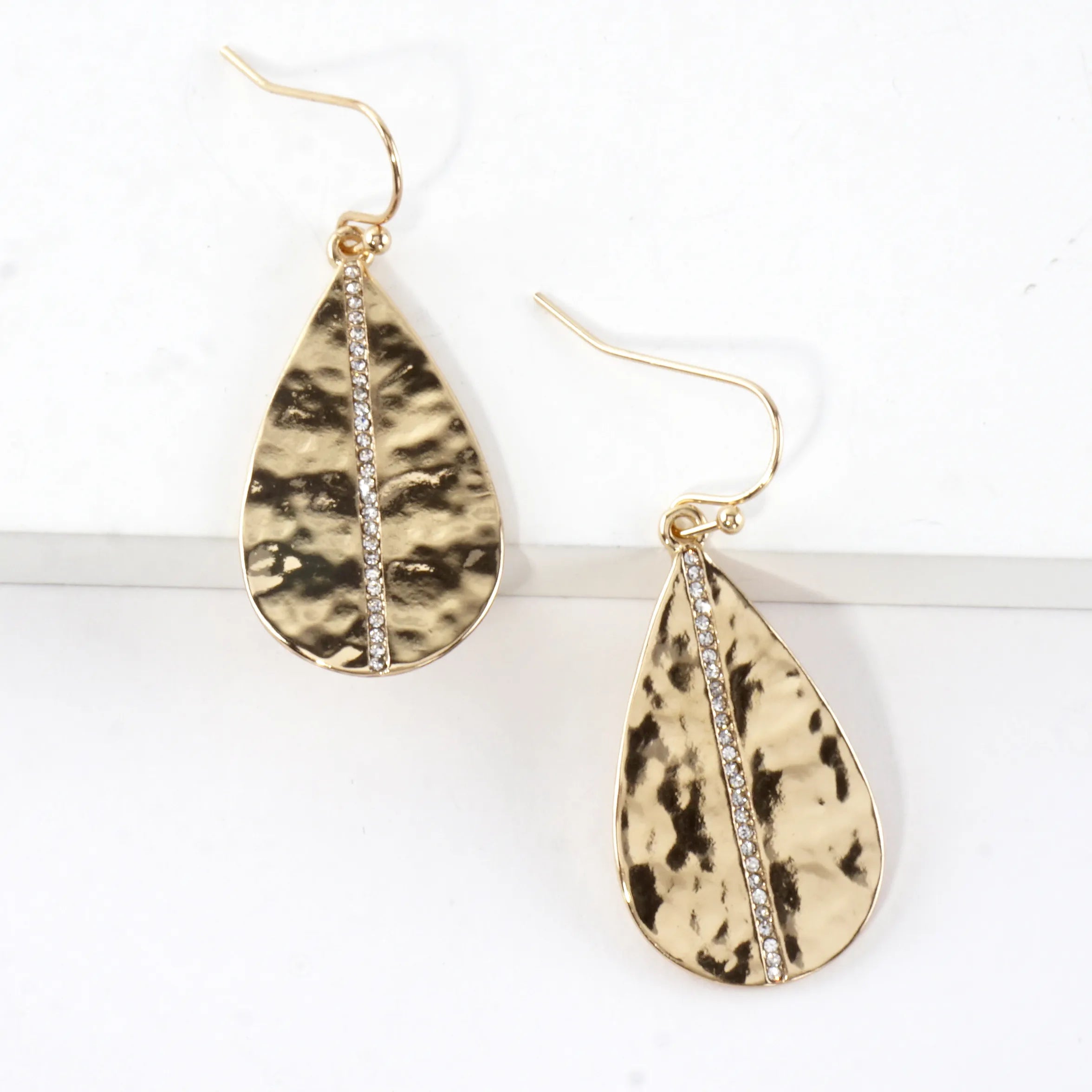 Hammered Teardrop Center Crystal Laden Earrings