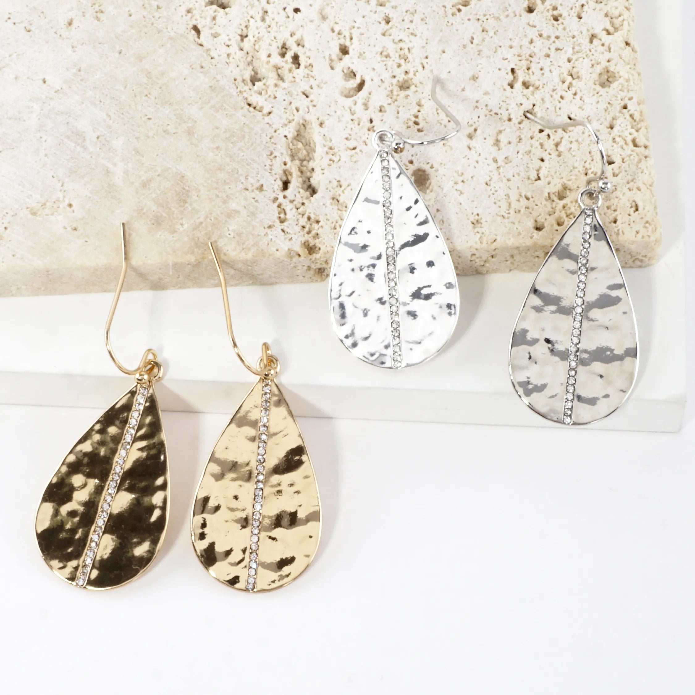 Hammered Teardrop Center Crystal Laden Earrings