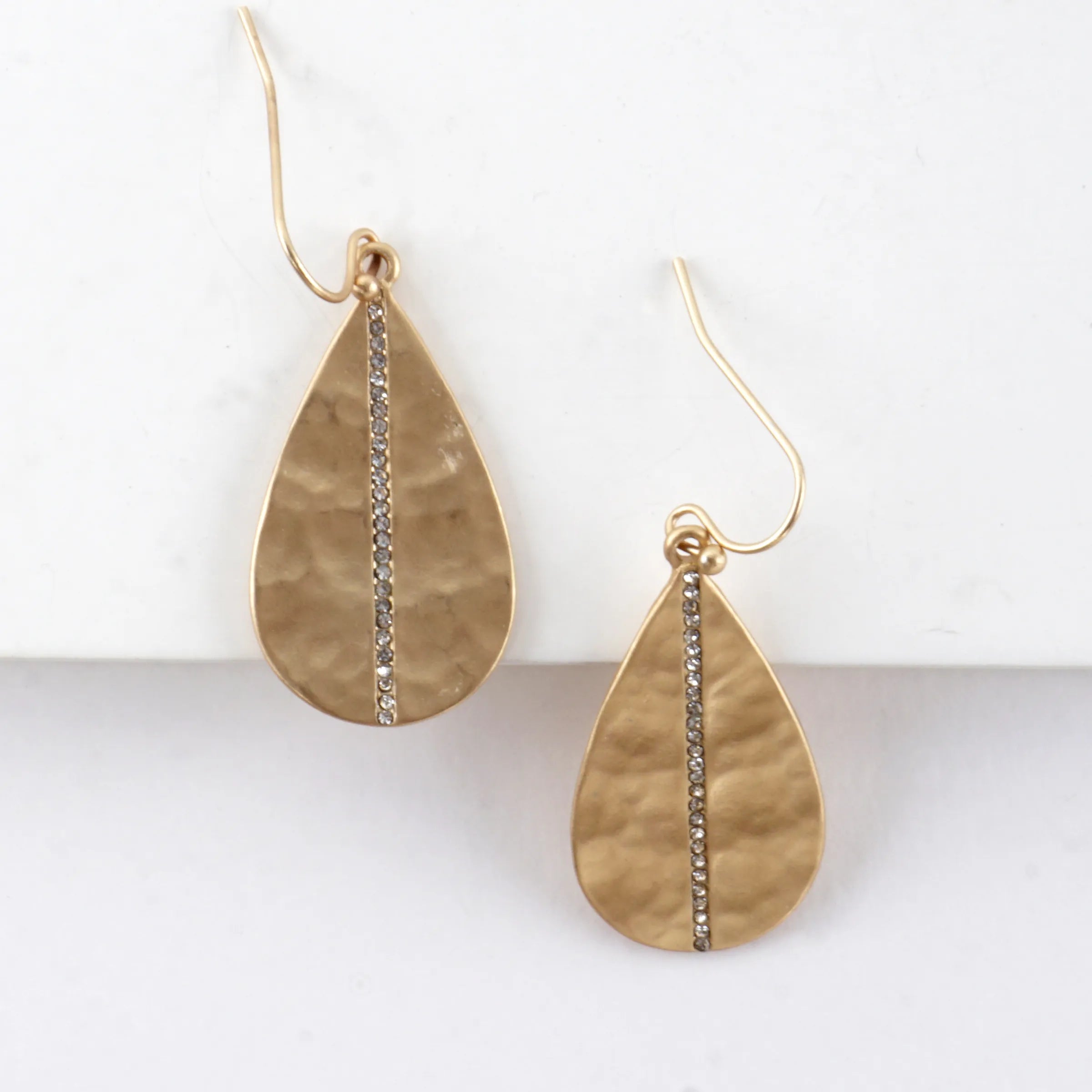 Hammered Teardrop Center Crystal Laden Earrings