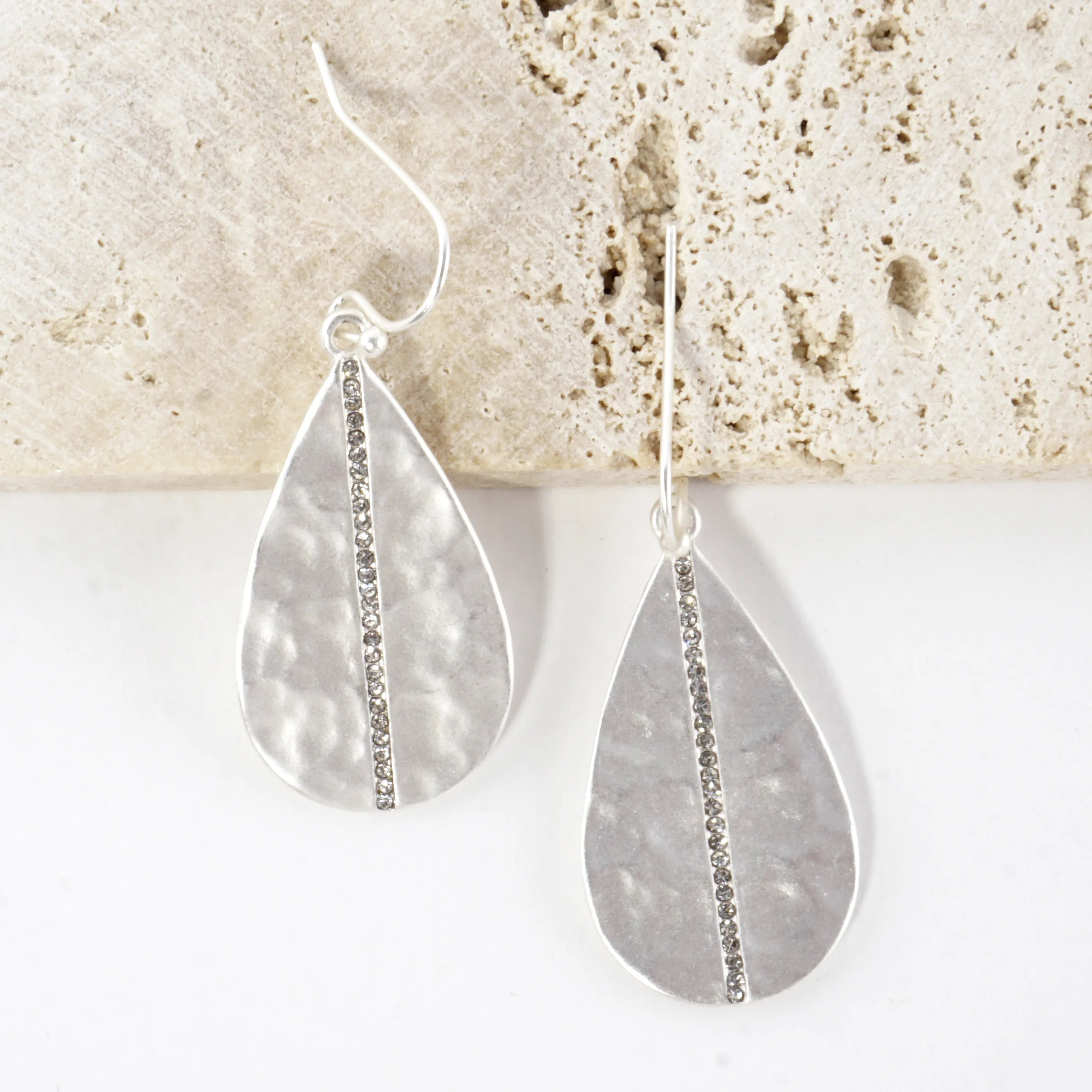 Hammered Teardrop Center Crystal Laden Earrings