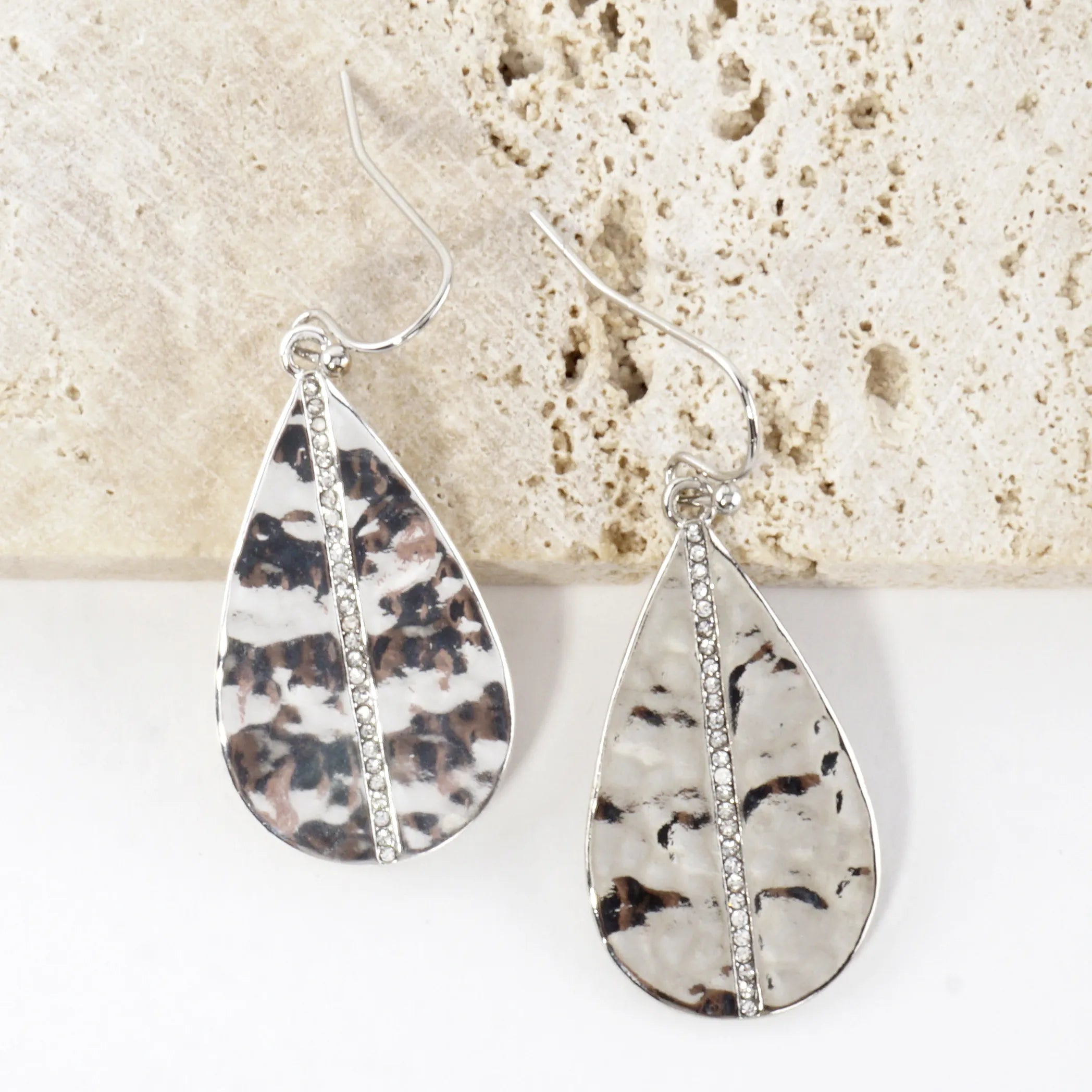 Hammered Teardrop Center Crystal Laden Earrings