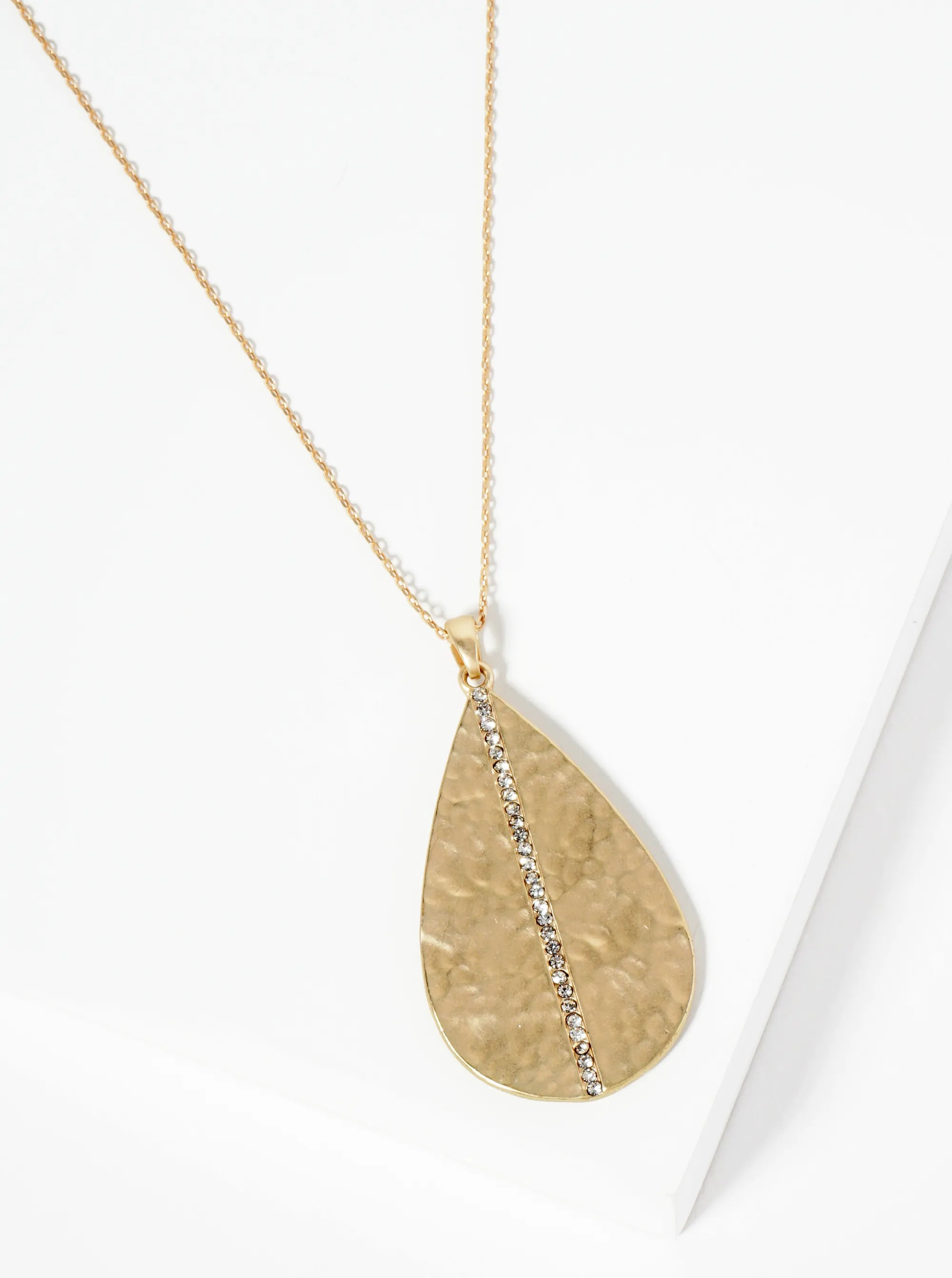 Hammered Teardrop Pendant Necklace With Crystal Accent