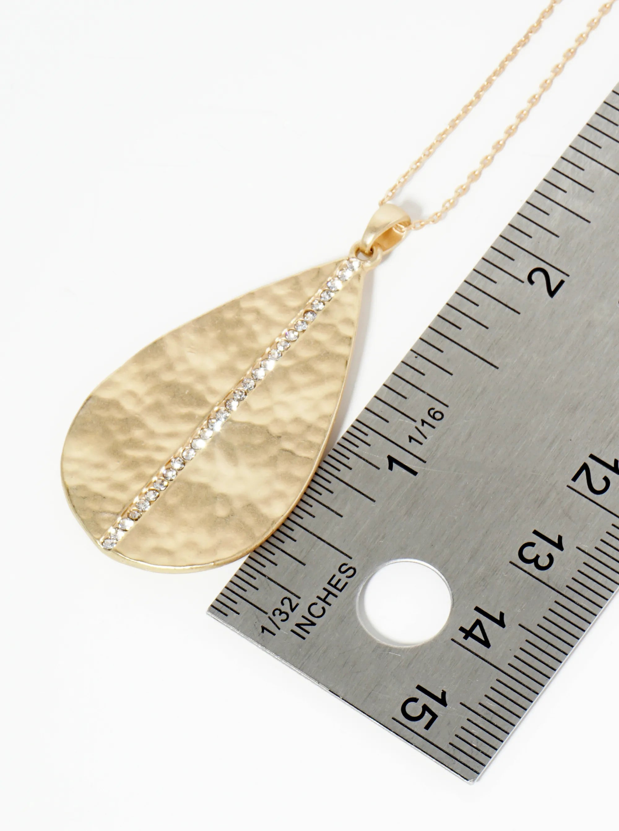 Hammered Teardrop Pendant Necklace With Crystal Accent