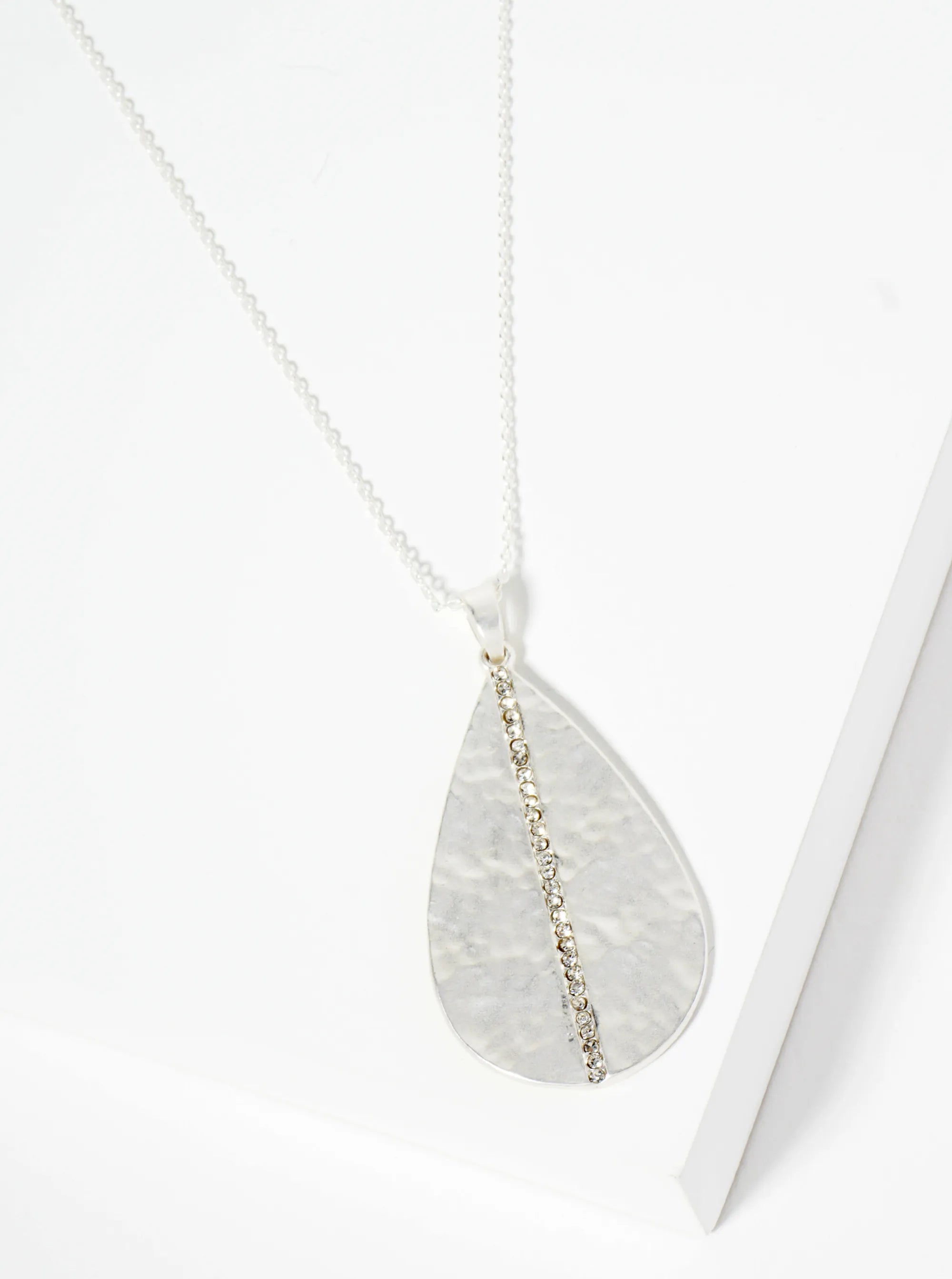 Hammered Teardrop Pendant Necklace With Crystal Accent