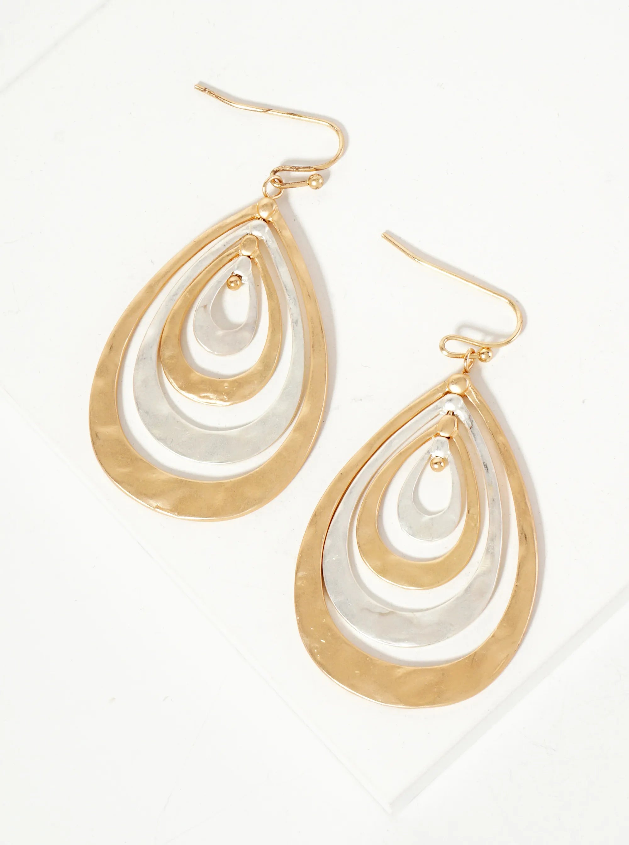 Hammered-Texture Metal Multi Teardrop Dangle Earrings