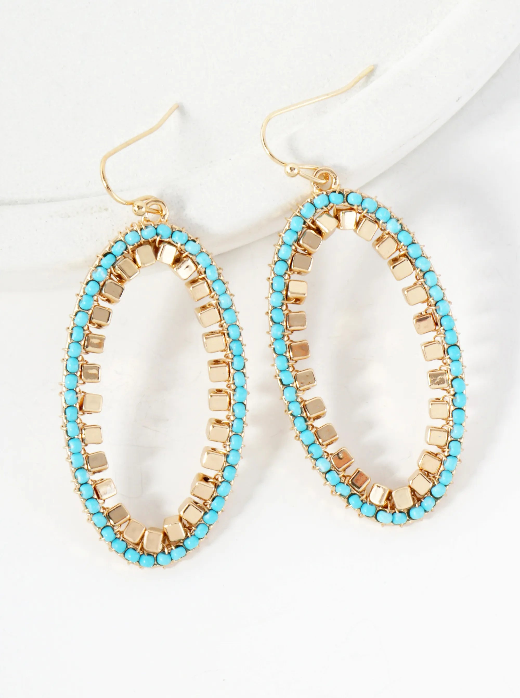 Metallic And Glass-Beads Wire-Wrapped Oval-Shaped Dangle Earrings