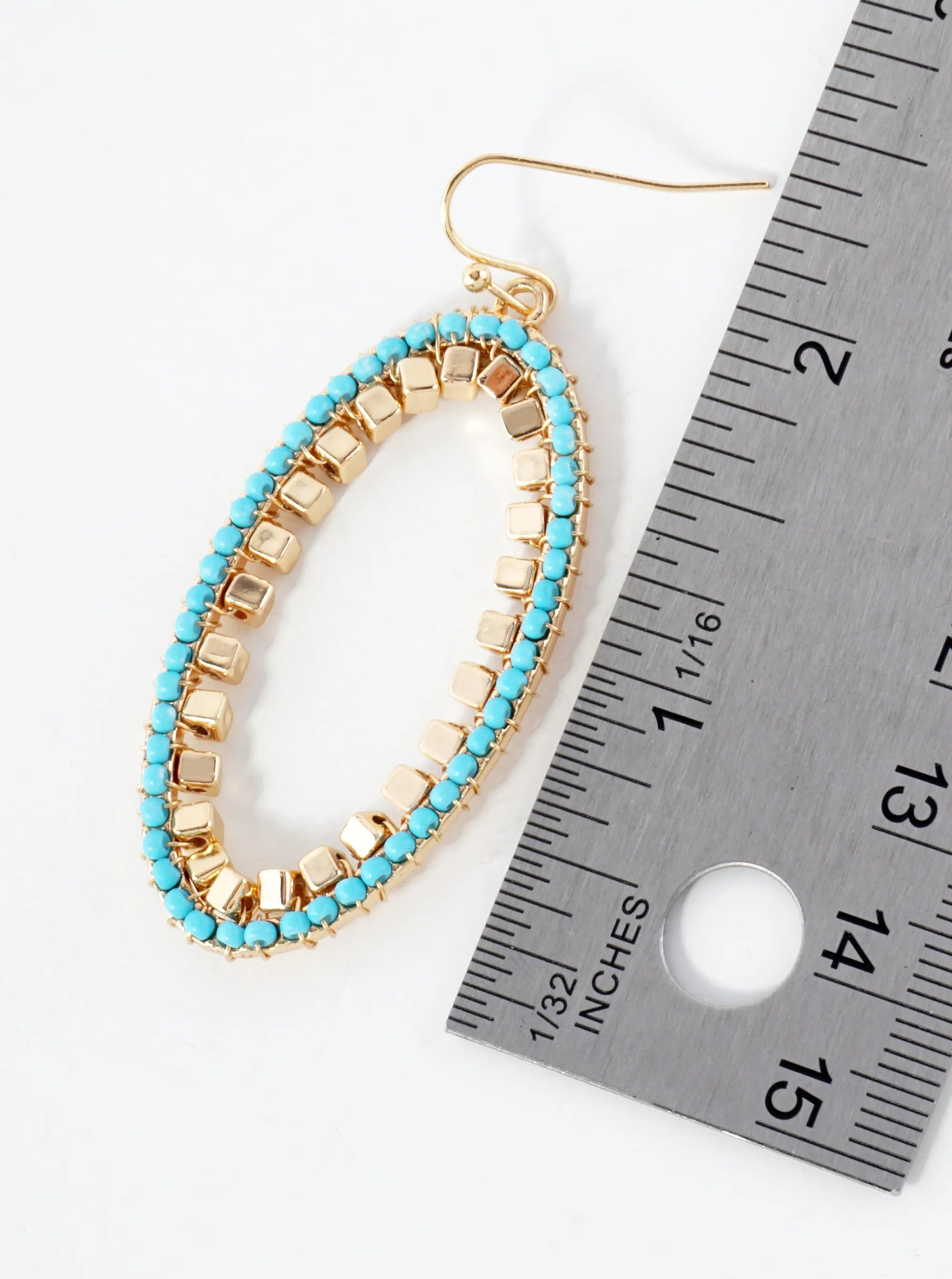 Metallic And Glass-Beads Wire-Wrapped Oval-Shaped Dangle Earrings
