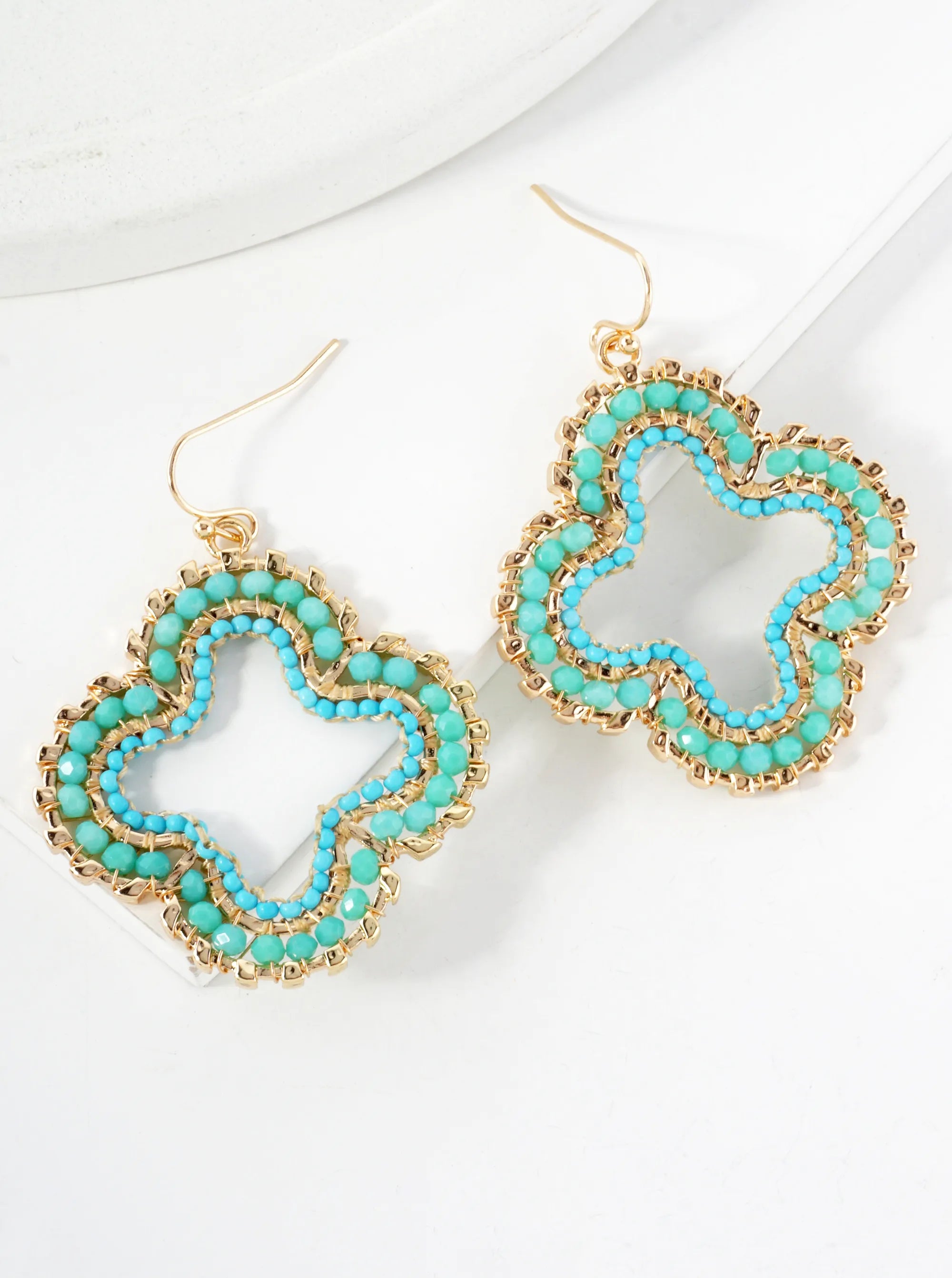 Metallic And Glass-Beads Wire-Wrapped Quatrefoil Dangle Drop Earrings